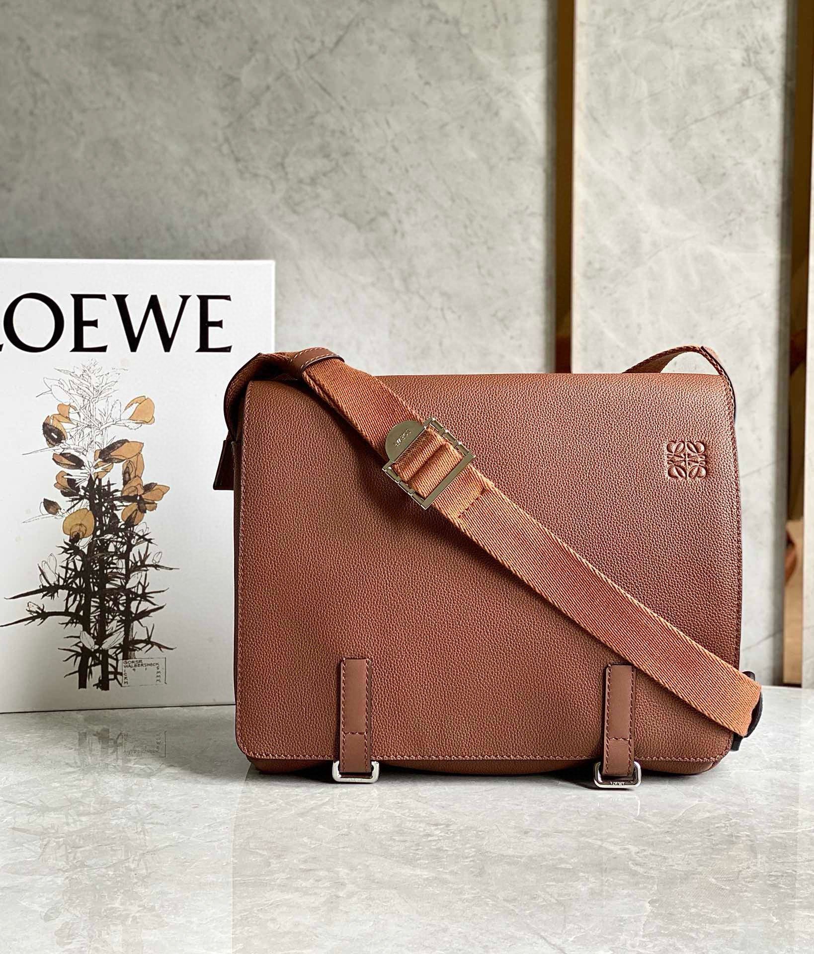 Loewe Military Messenger Bag in Brown Grained Calfskin