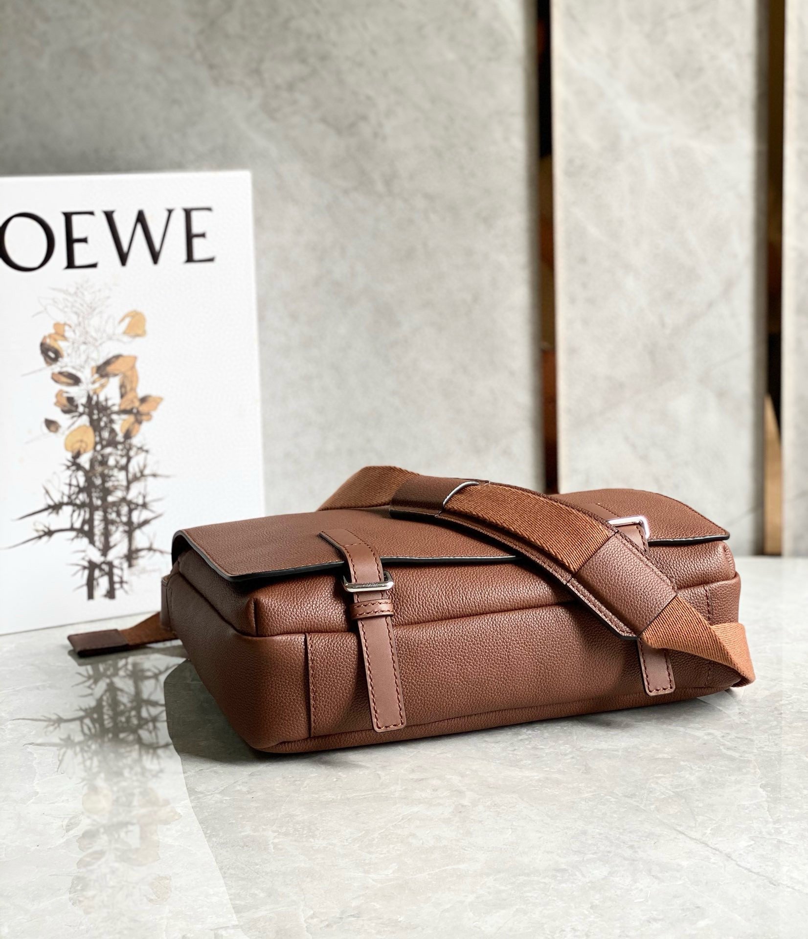 Loewe Military Messenger Bag in Brown Grained Calfskin