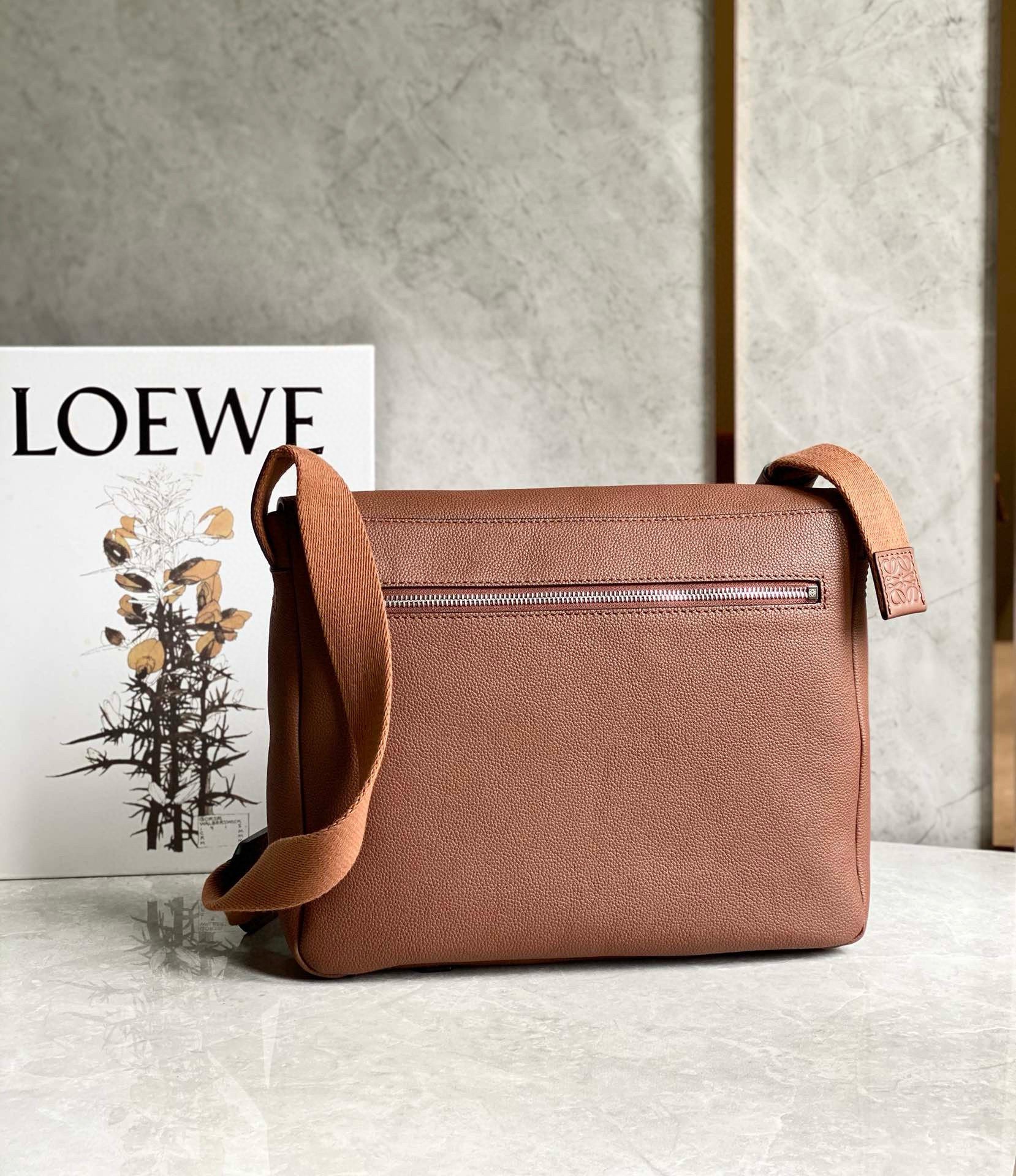 Loewe Military Messenger Bag in Brown Grained Calfskin