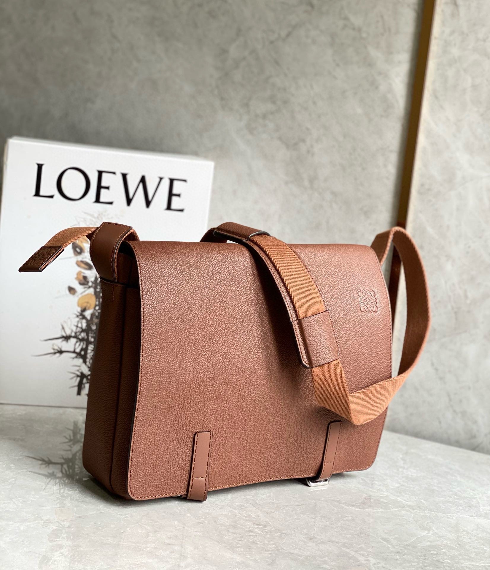 Loewe Military Messenger Bag in Brown Grained Calfskin