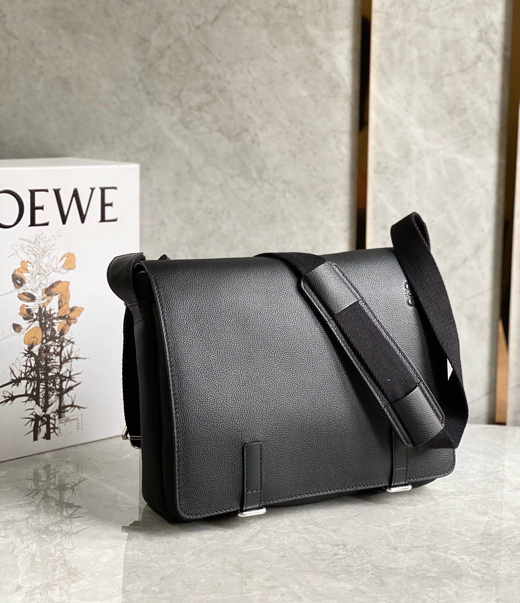 Loewe Military Messenger Bag in Black Grained Calfskin