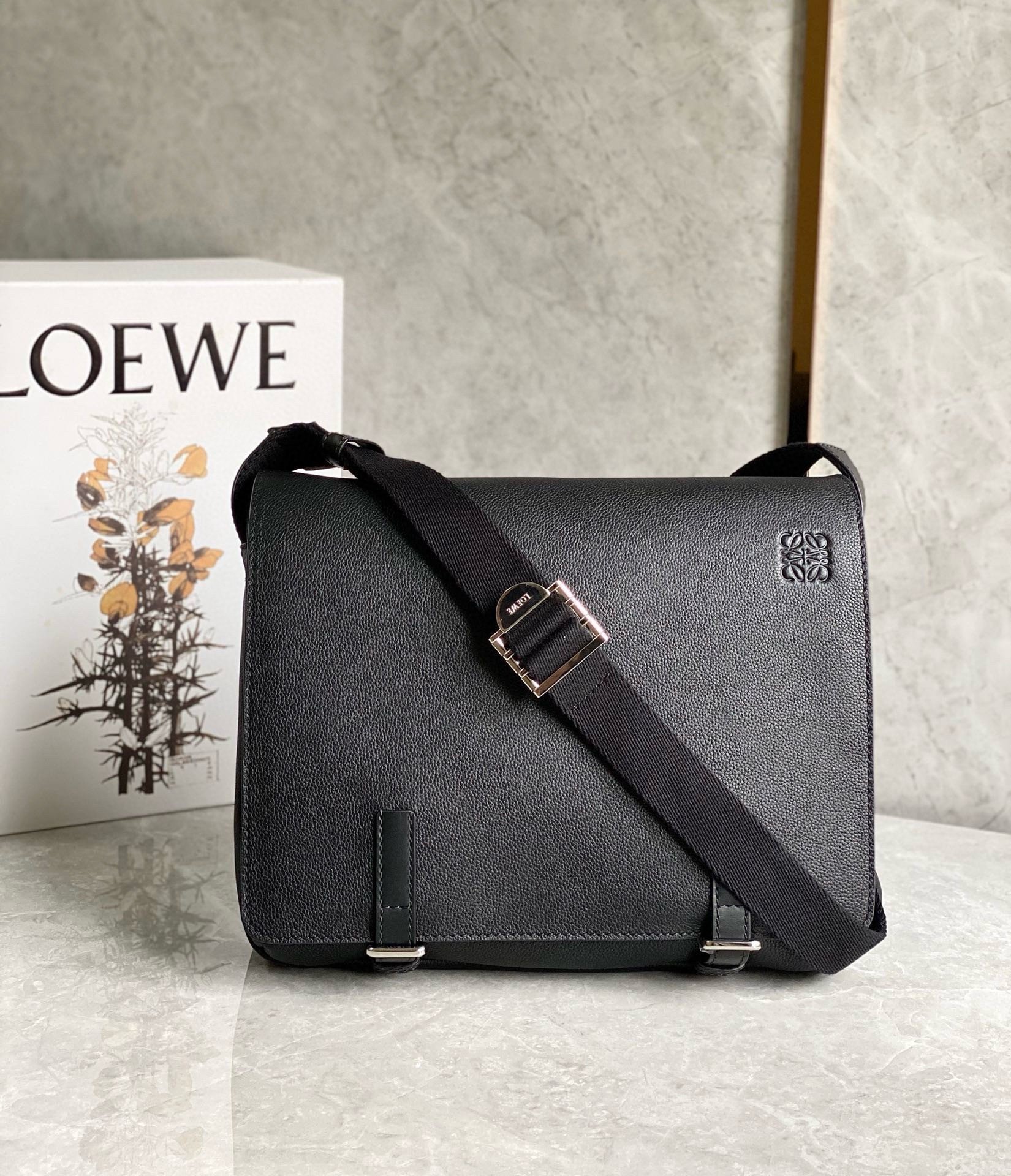 Loewe Military Messenger Bag in Black Grained Calfskin