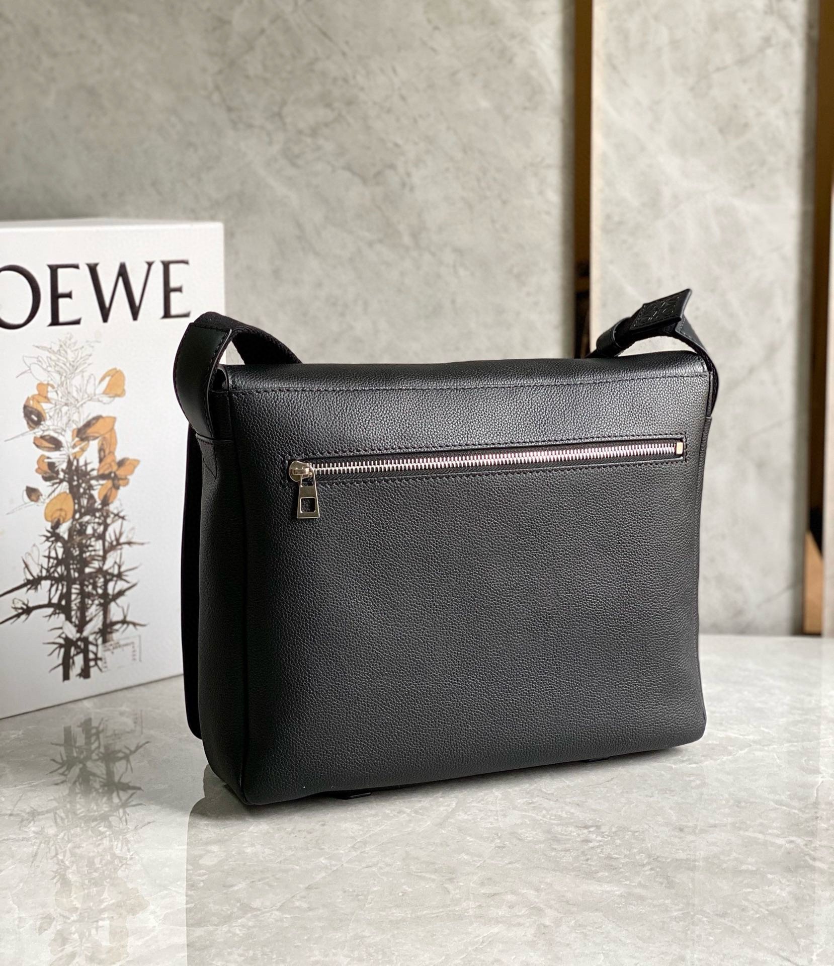 Loewe Military Messenger Bag in Black Grained Calfskin