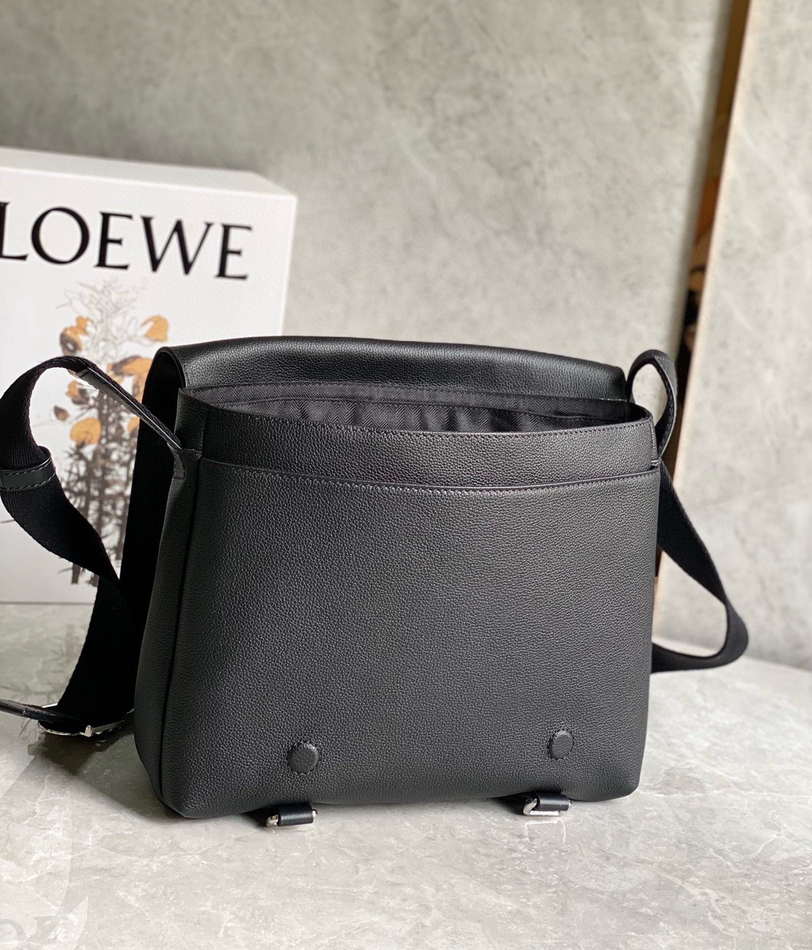 Loewe Military Messenger Bag in Black Grained Calfskin