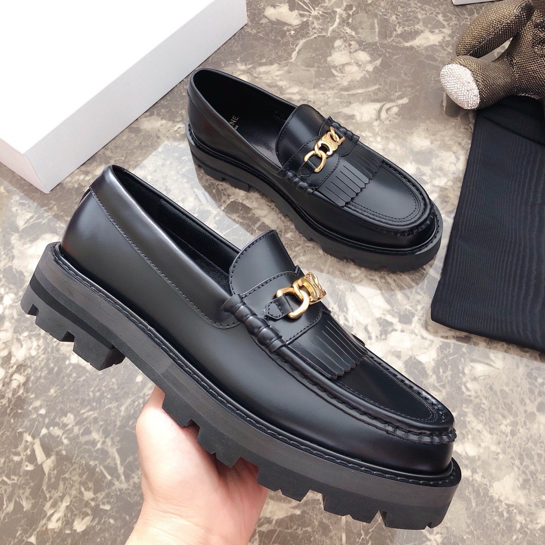 Celine Margaret Loafers in Black Leather with Triomphe Chain