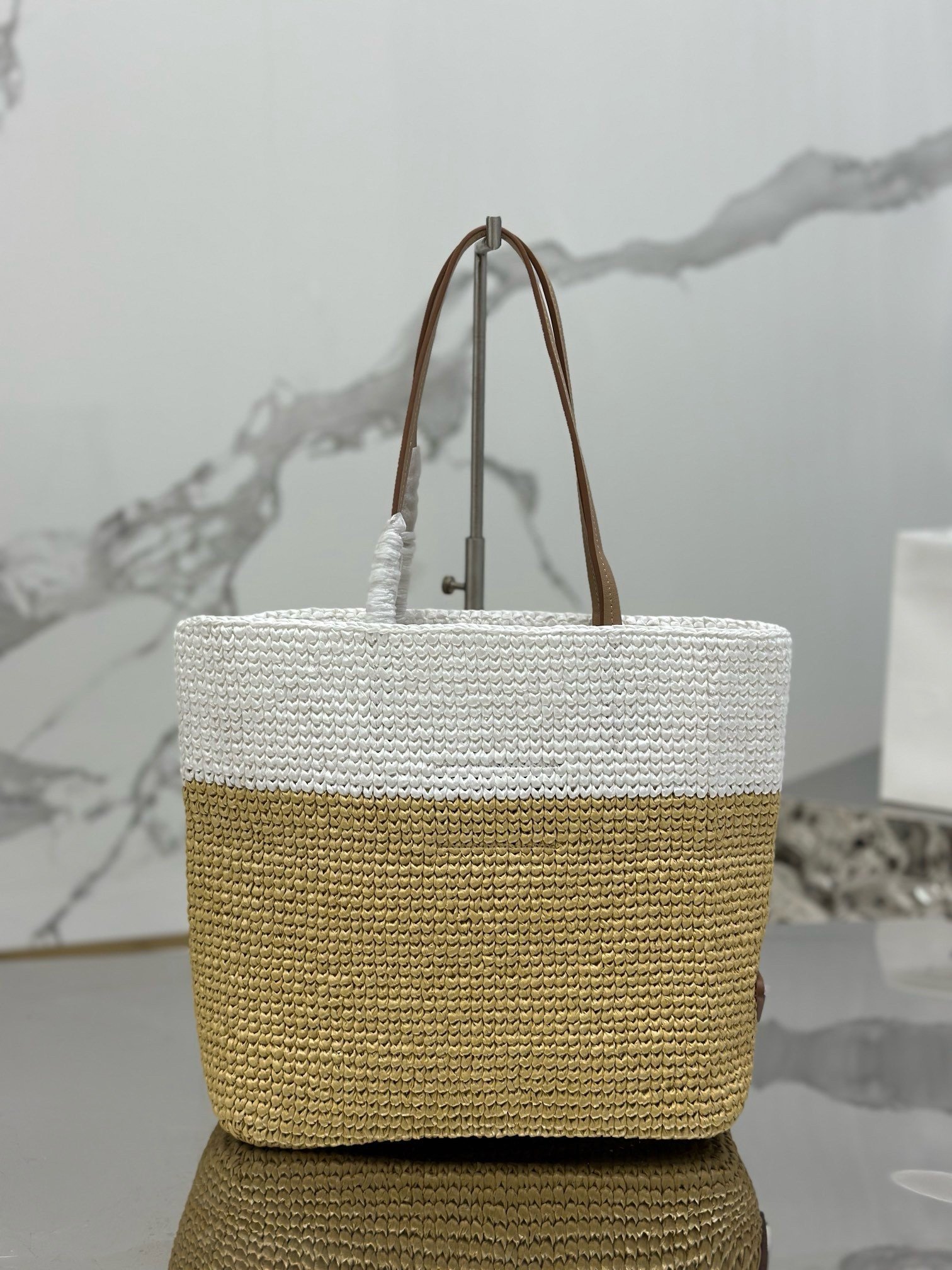 Prada Crochet Small Tote Bag in Beige/White Raffia-effect Yarn