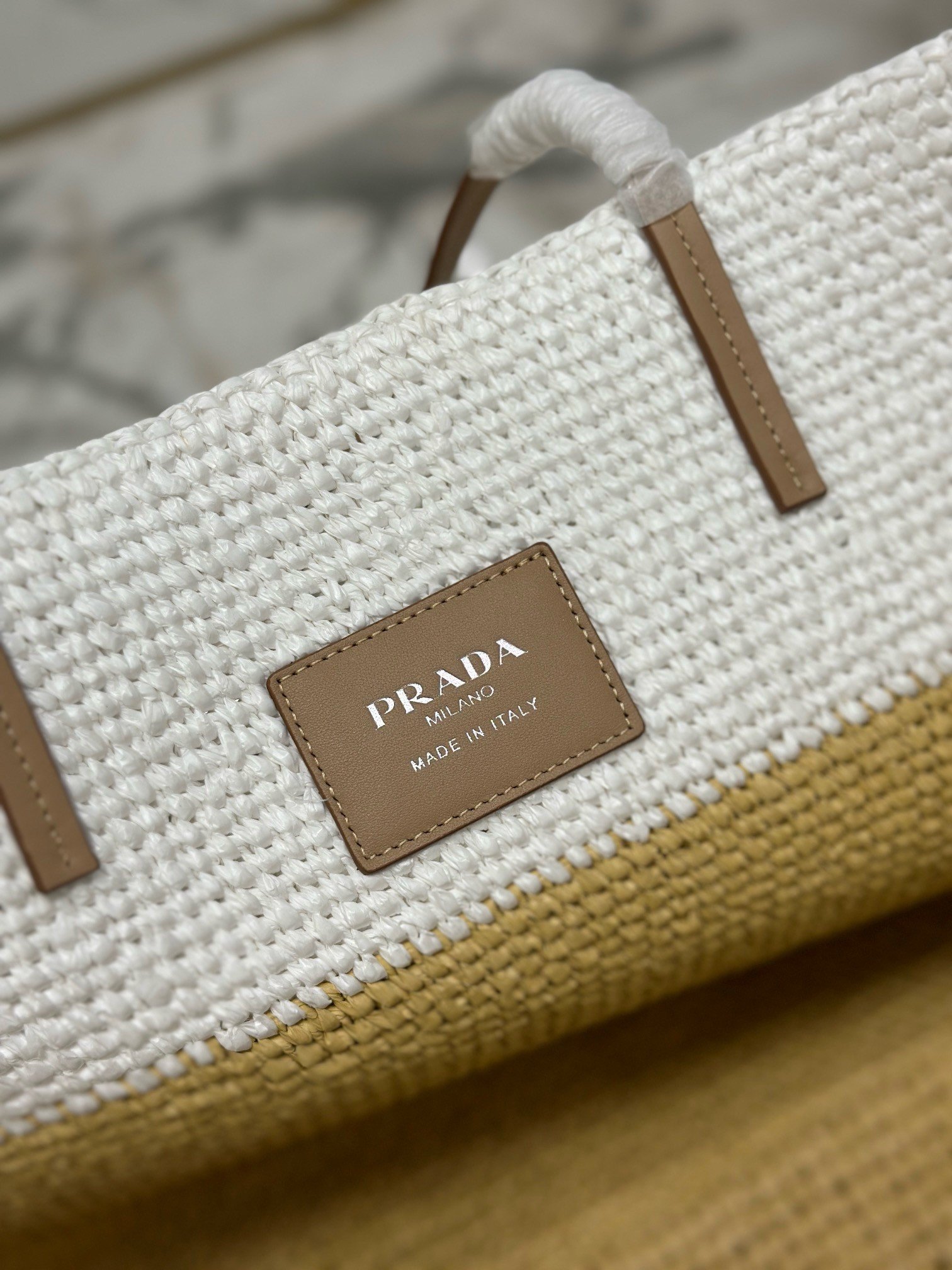 Prada Crochet Large Tote Bag in Beige/White Raffia-effect Yarn