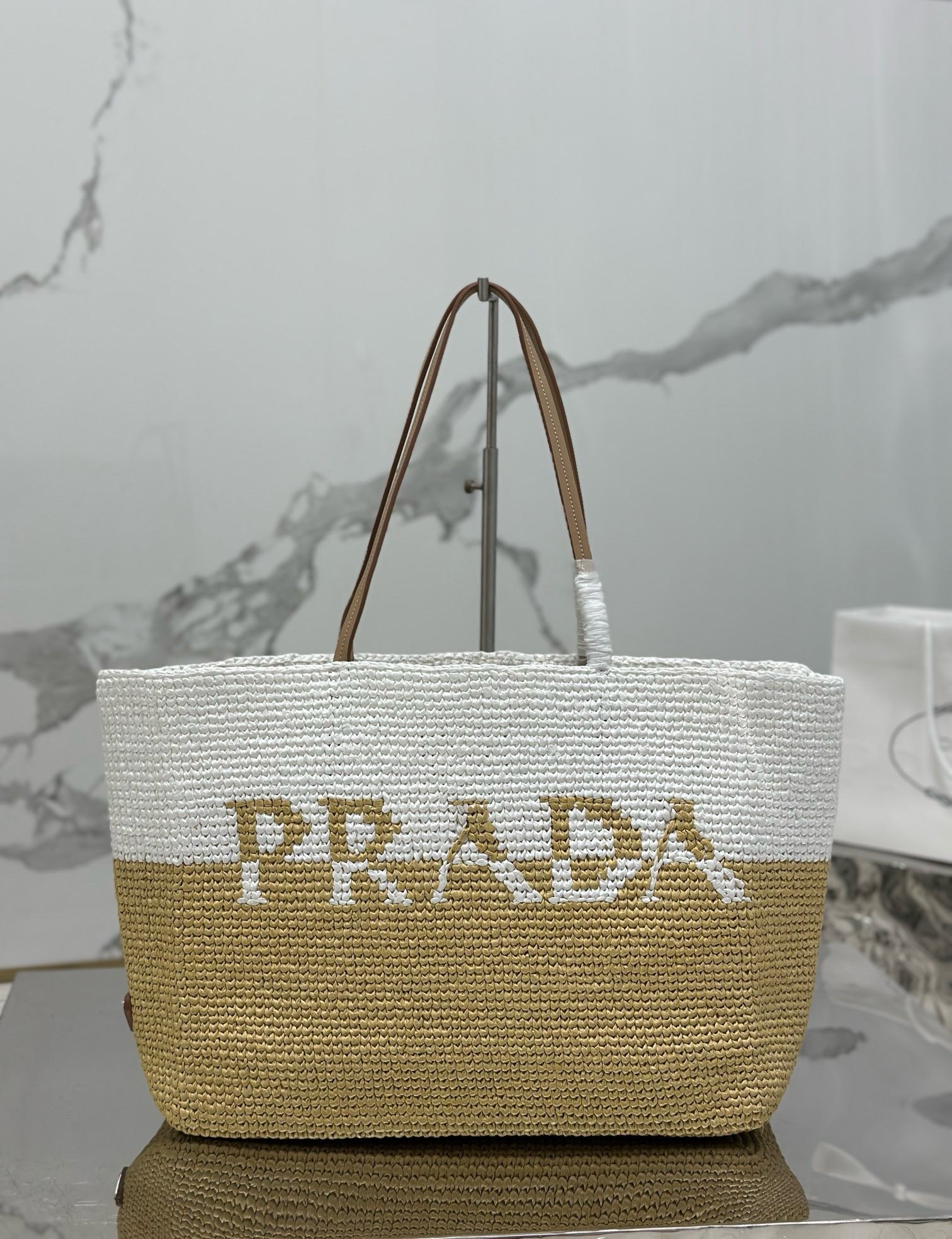 Prada Crochet Large Tote Bag in Beige/White Raffia-effect Yarn