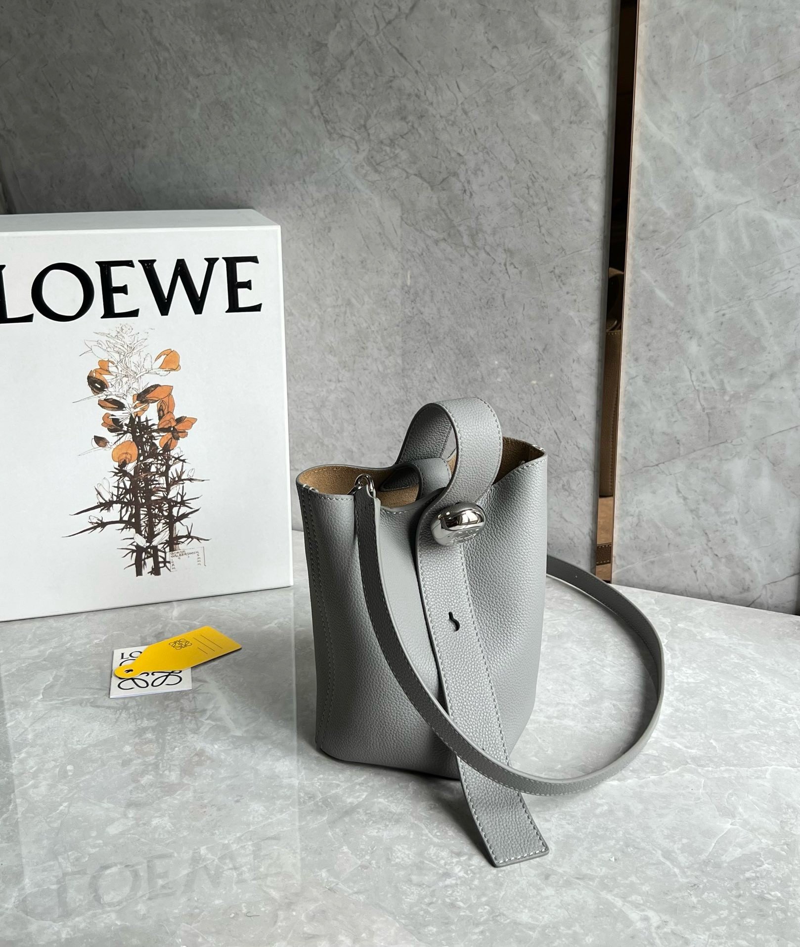 Loewe Mini Pebble Bucket Bag in Grey Grained Leather