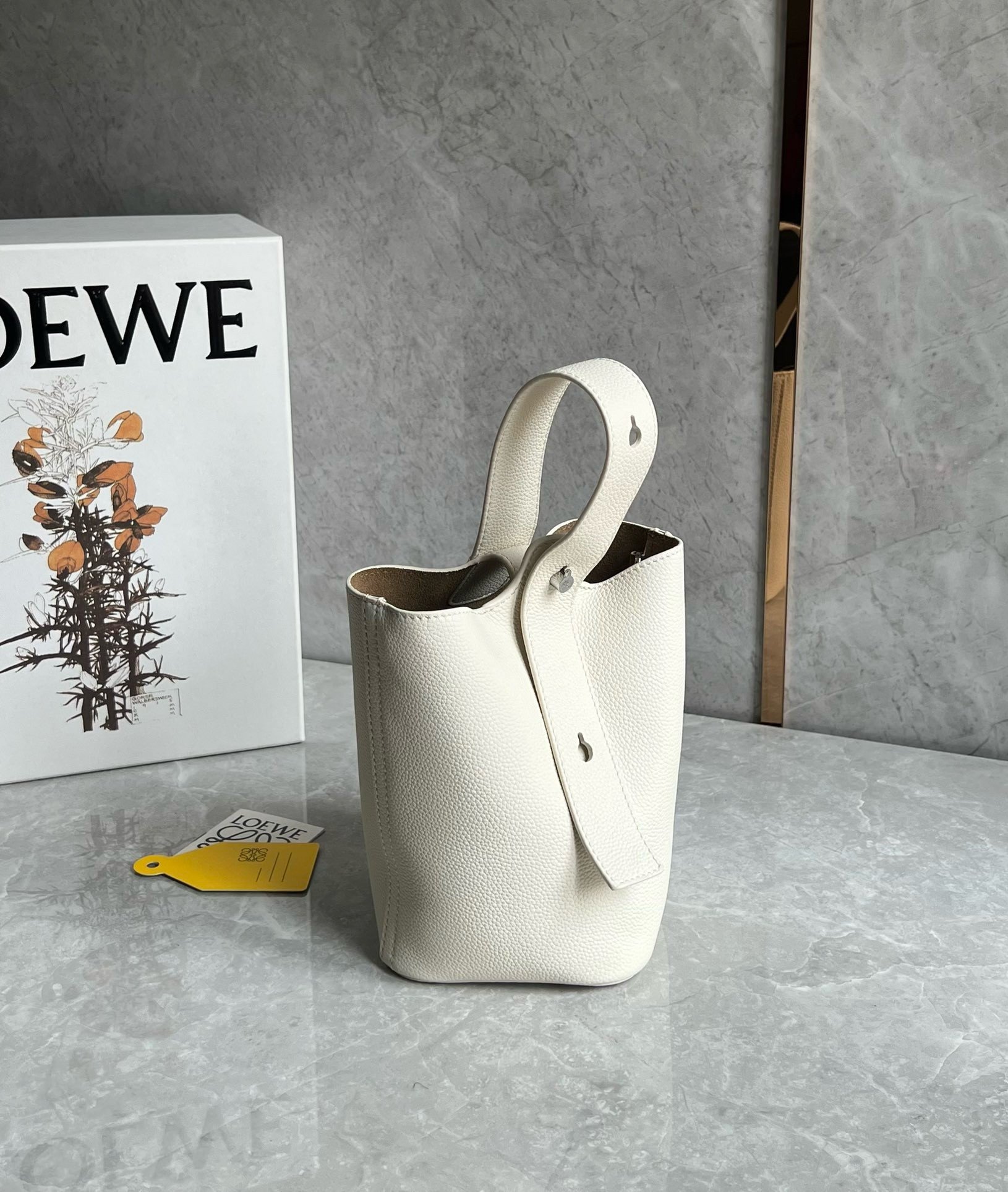 Loewe Mini Pebble Bucket Bag in White Grained Leather