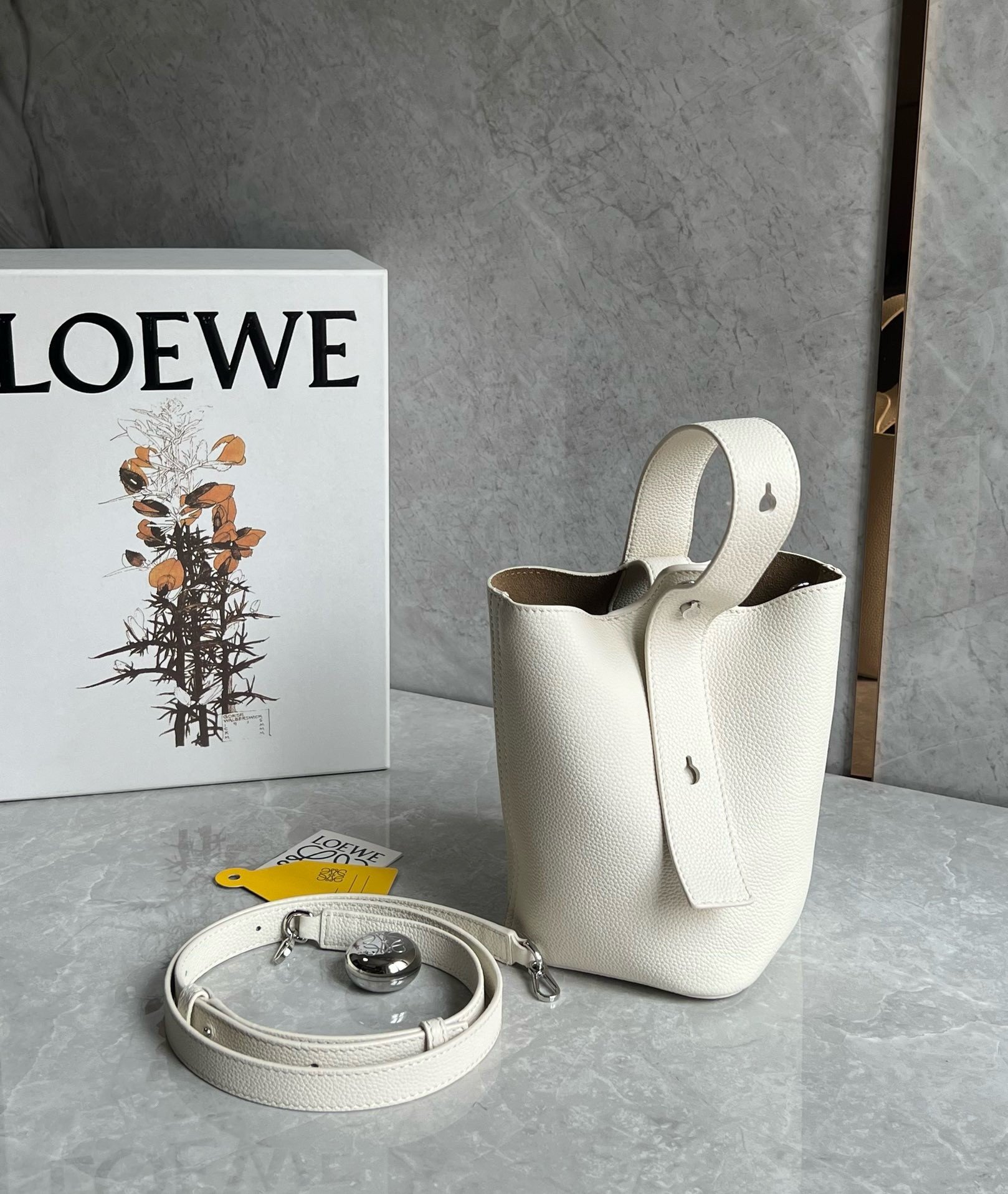 Loewe Mini Pebble Bucket Bag in White Grained Leather