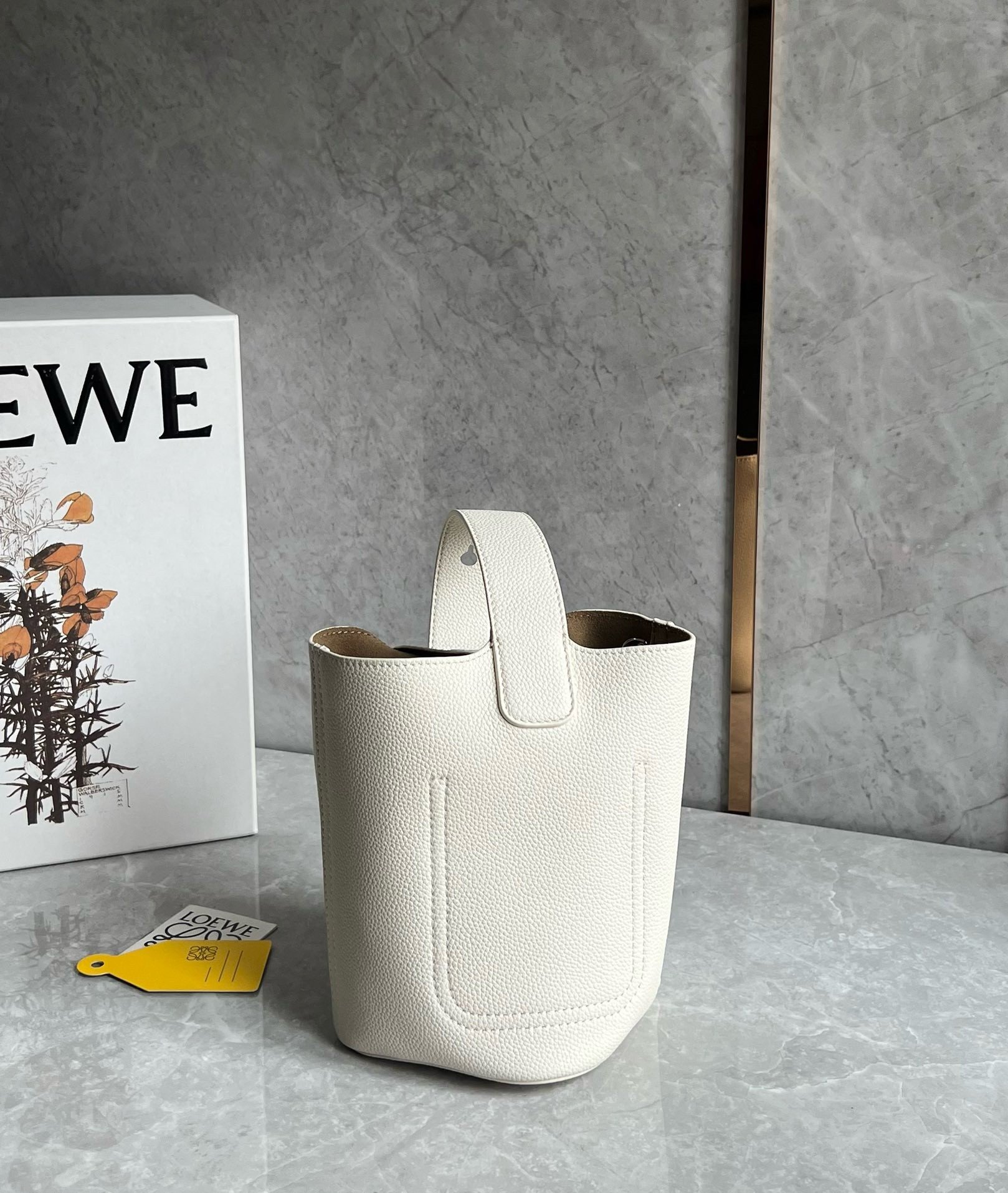 Loewe Mini Pebble Bucket Bag in White Grained Leather