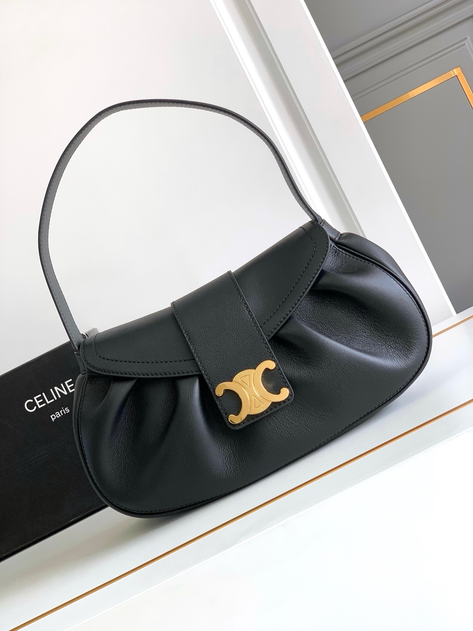 Celine Medium Polly Shoulder Bag in Black Calfskin