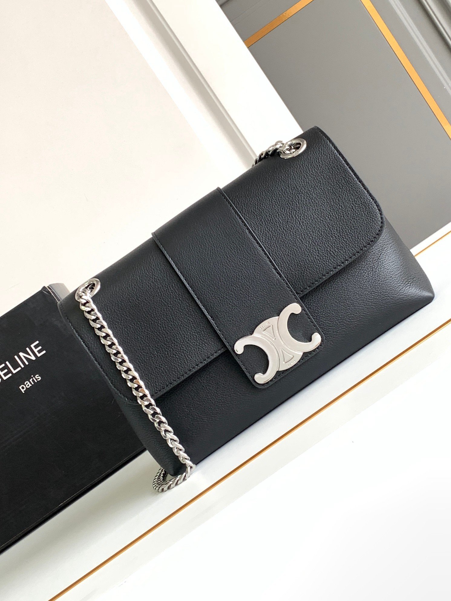 Celine Medium Victoire Bag in Noir Calfskin