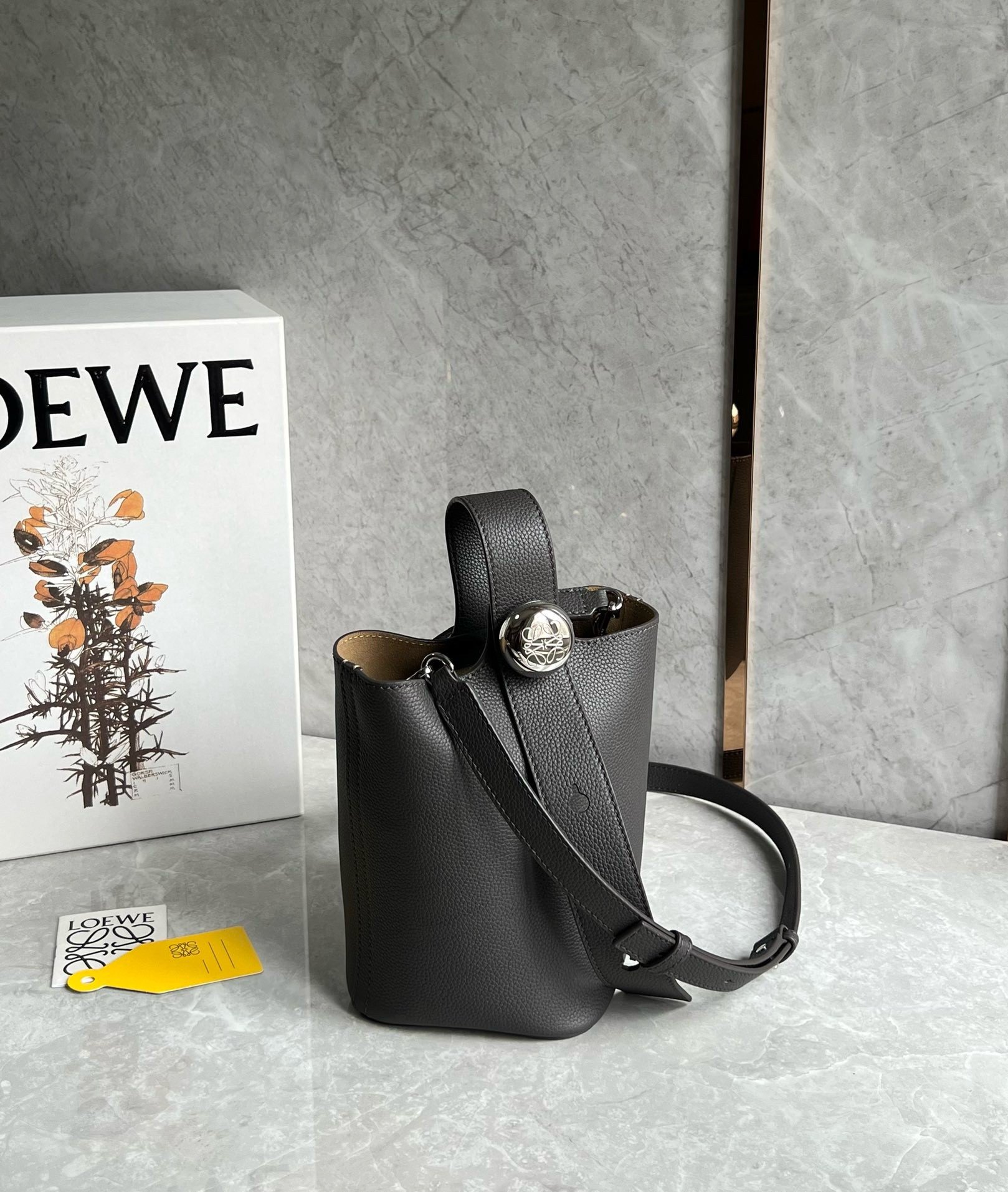 Loewe Mini Pebble Bucket Bag in Black Grained Leather