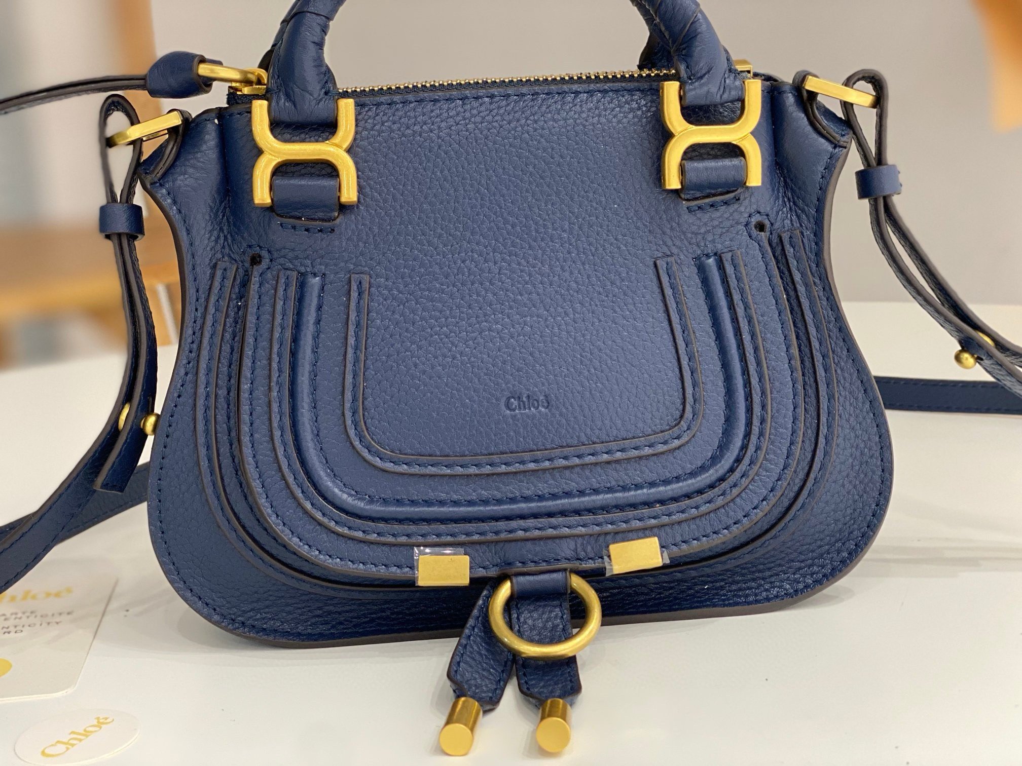 Chloe Marcie Mini Double Carry Bag in Blue Grained Leather