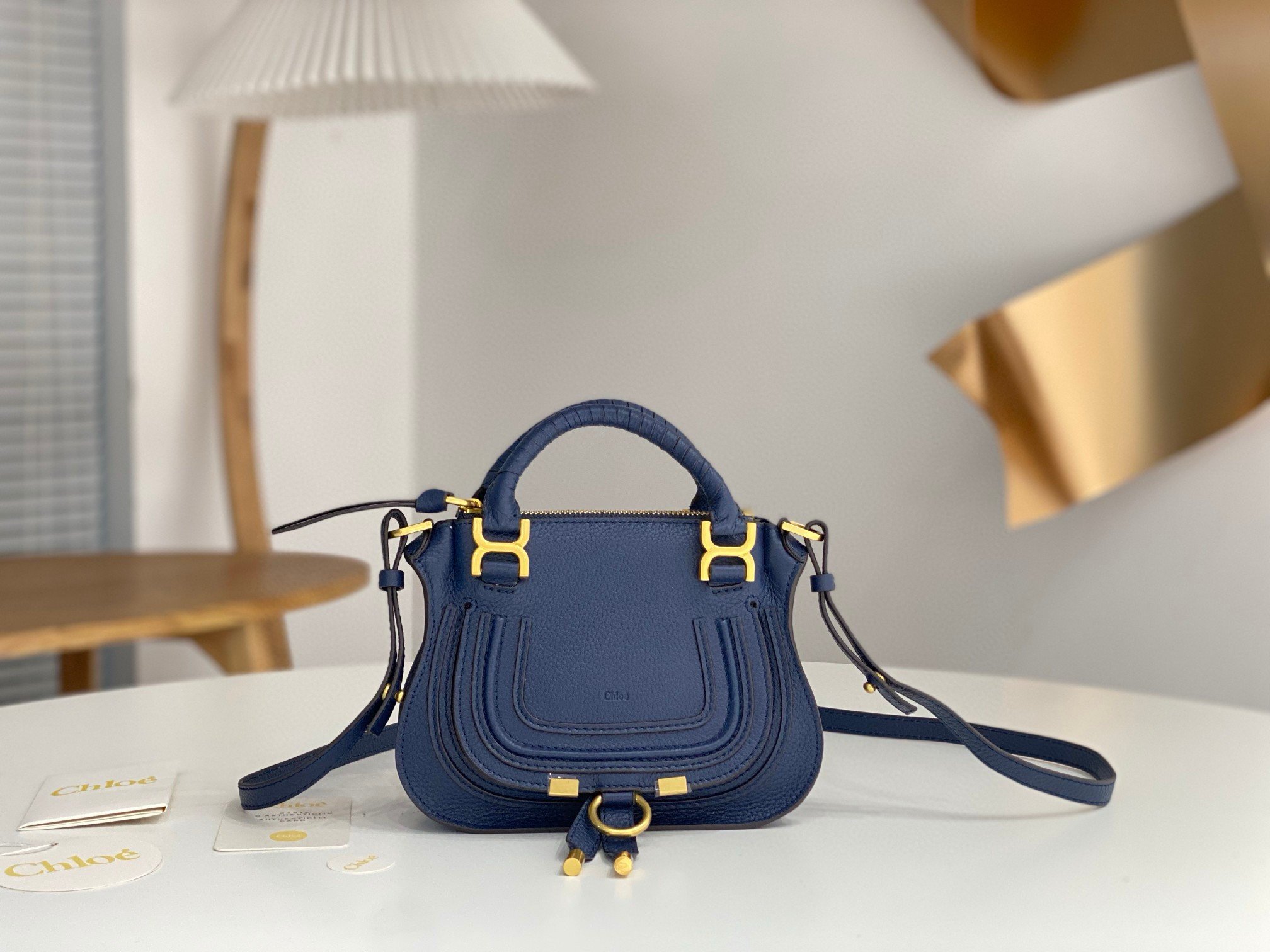 Chloe Marcie Mini Double Carry Bag in Blue Grained Leather