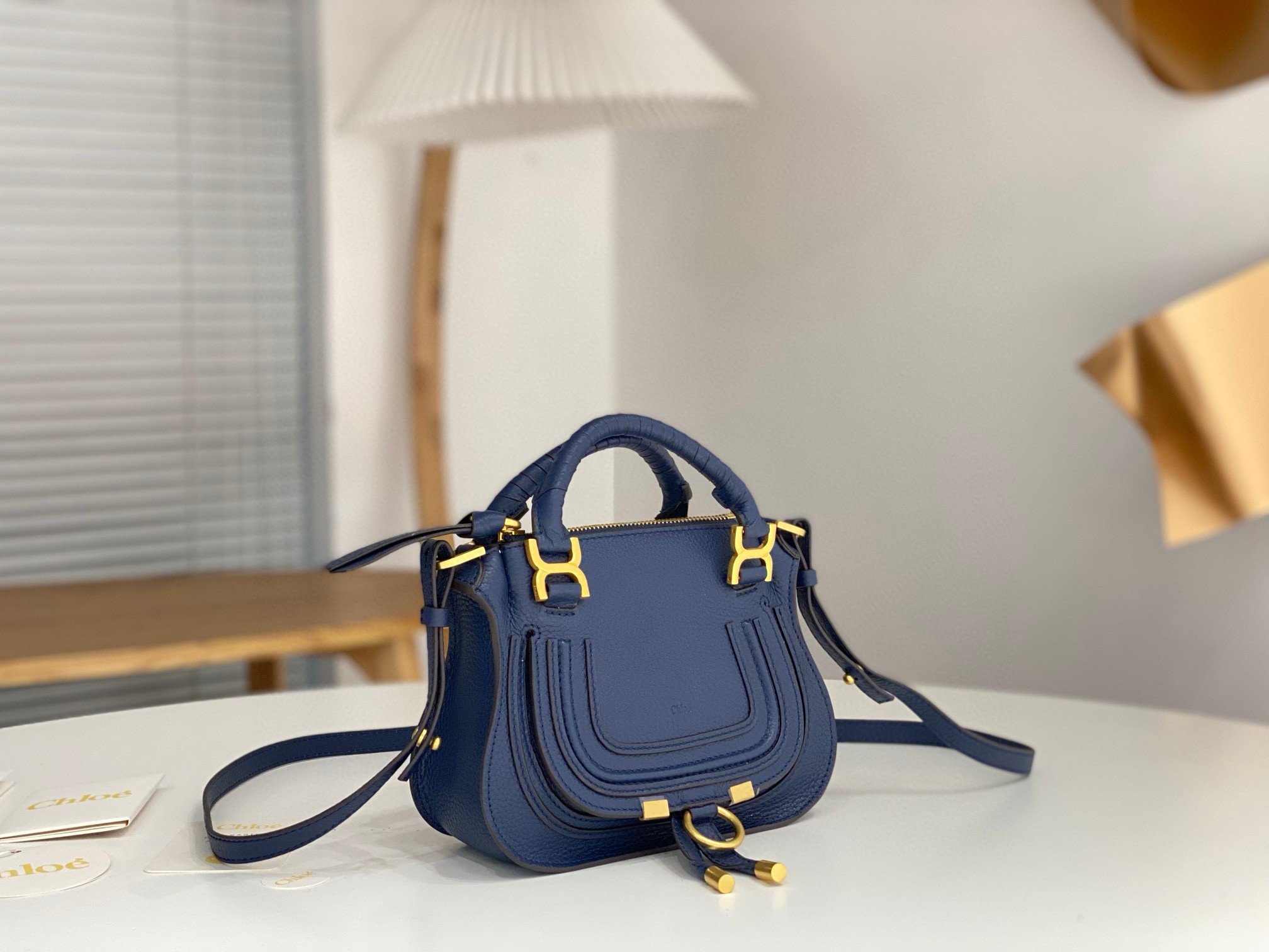 Chloe Marcie Mini Double Carry Bag in Blue Grained Leather