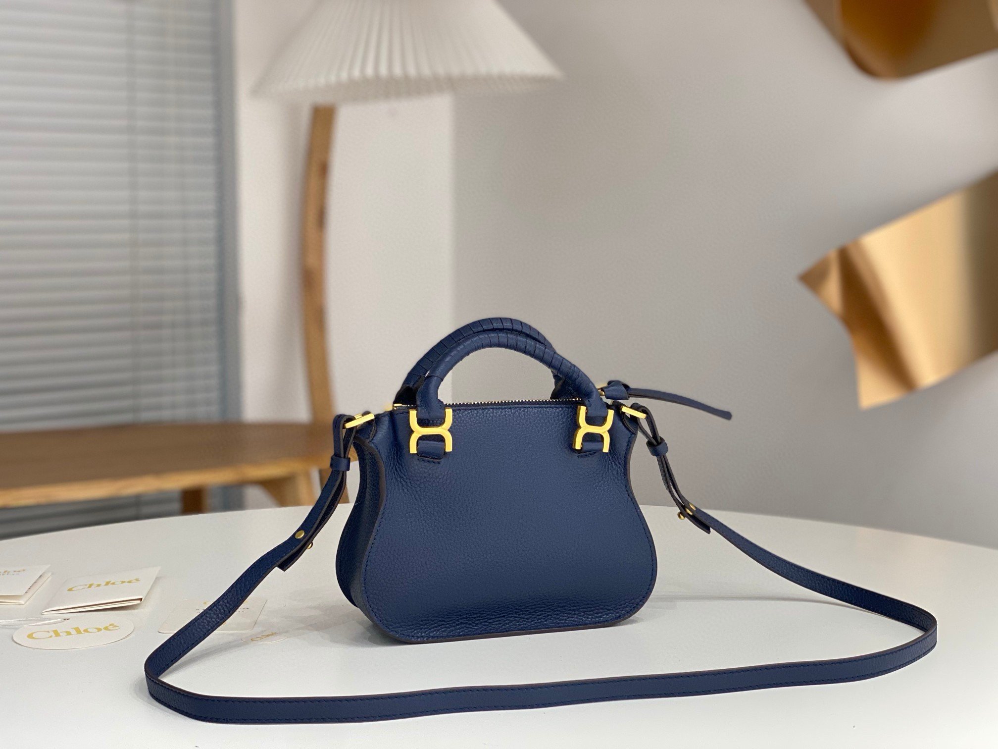 Chloe Marcie Mini Double Carry Bag in Blue Grained Leather