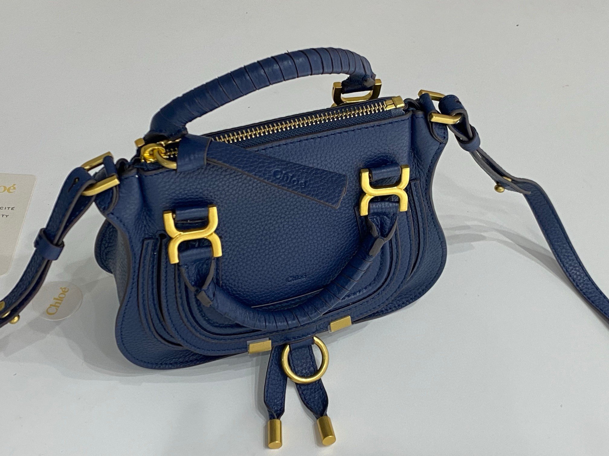 Chloe Marcie Mini Double Carry Bag in Blue Grained Leather