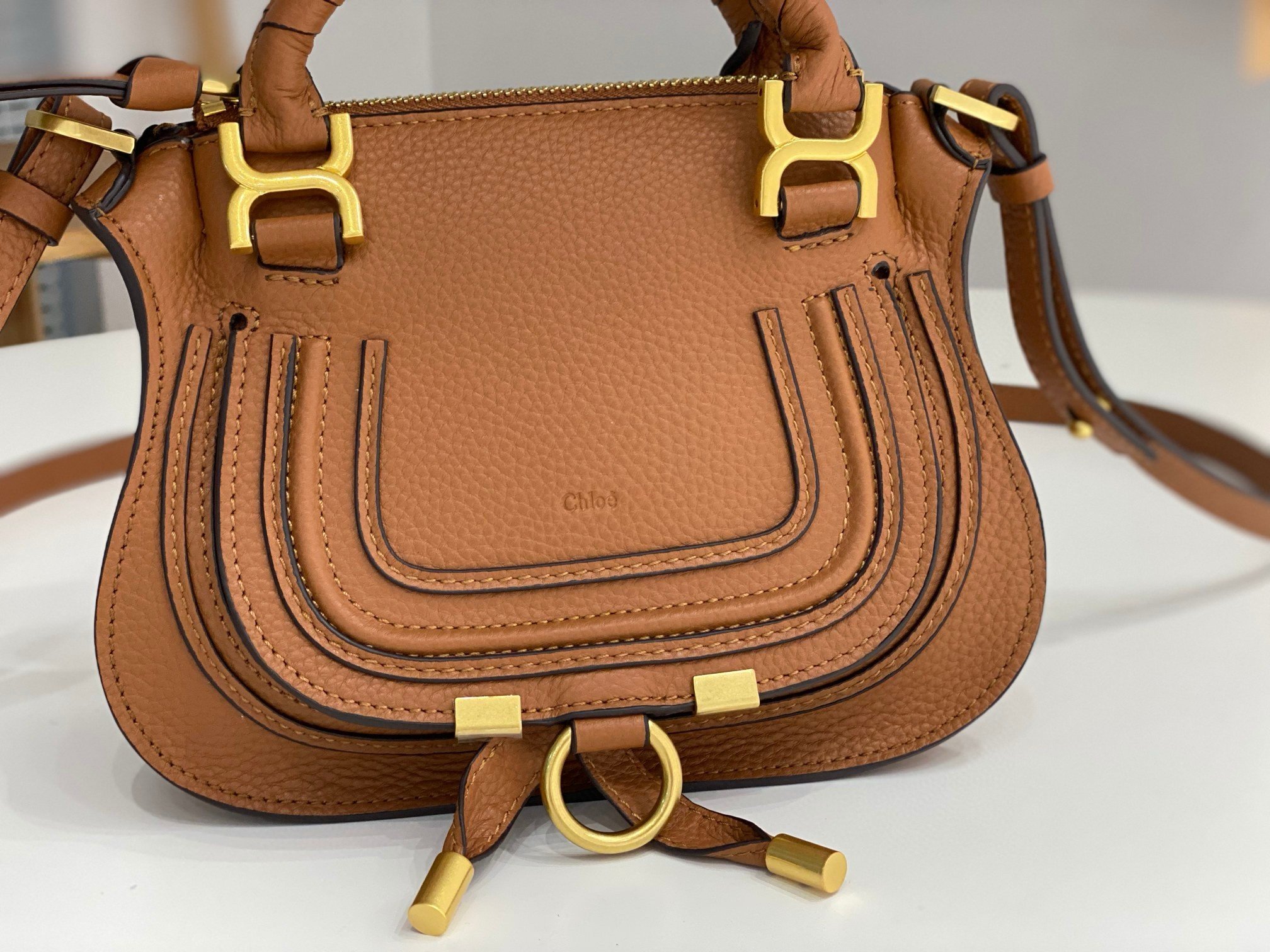 Chloe Marcie Mini Double Carry Bag in Brown Grained Leather