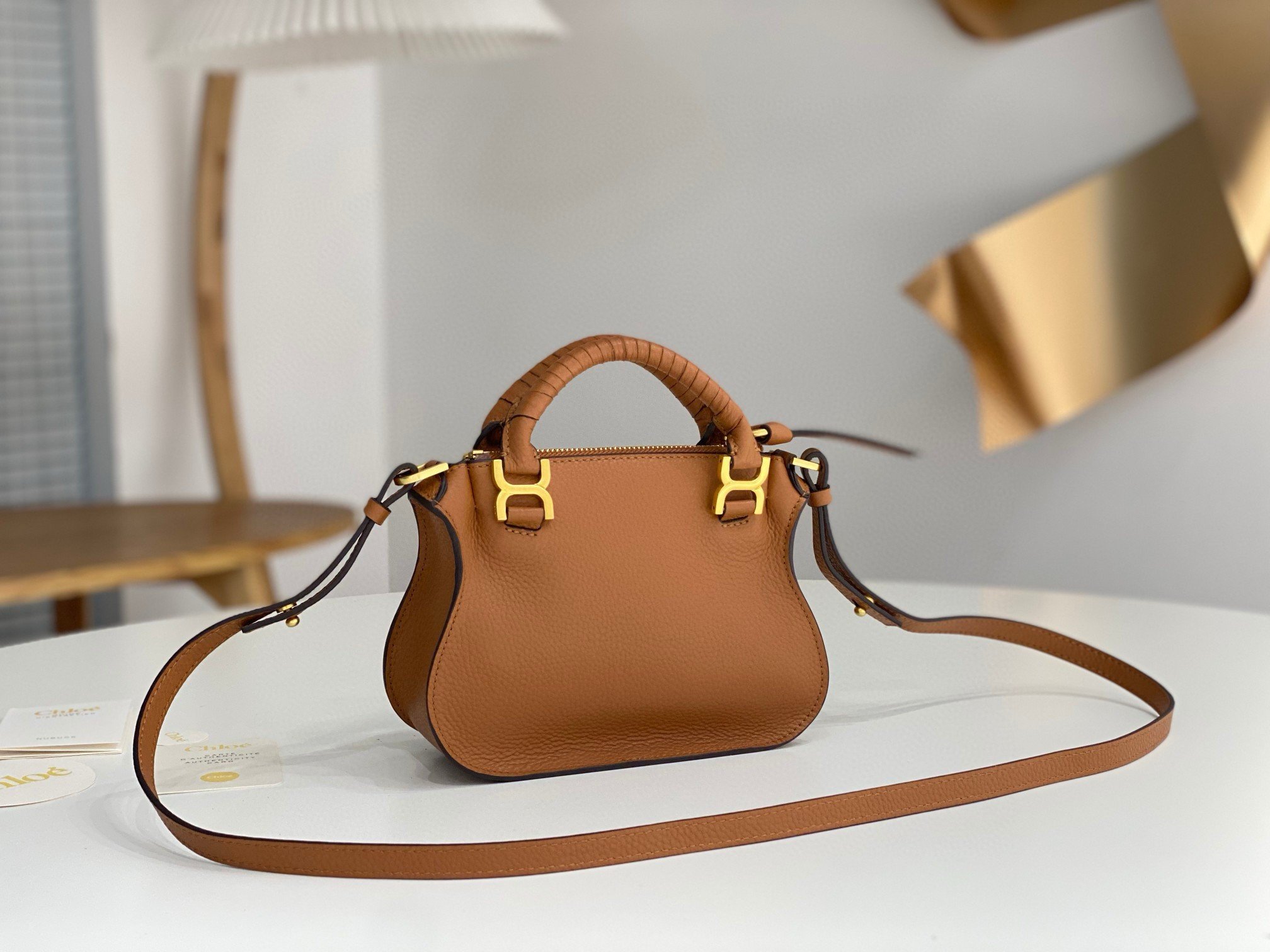 Chloe Marcie Mini Double Carry Bag in Brown Grained Leather