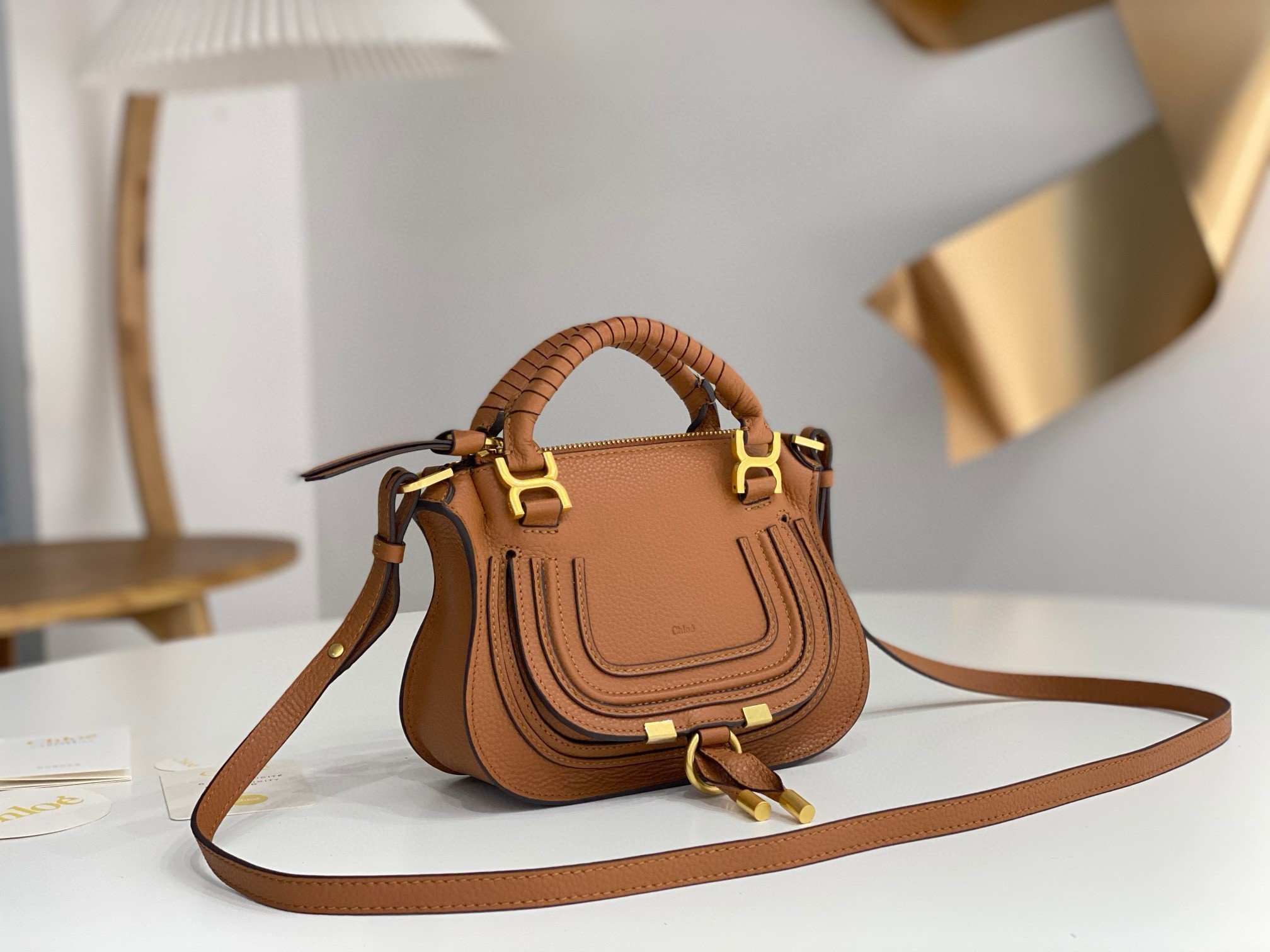 Chloe Marcie Mini Double Carry Bag in Brown Grained Leather