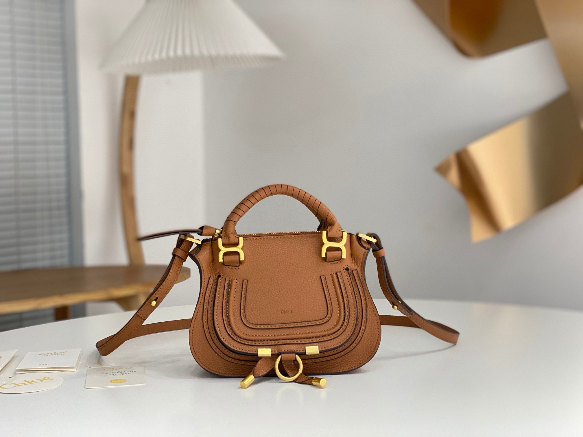 Chloe Marcie Mini Double Carry Bag in Brown Grained Leather