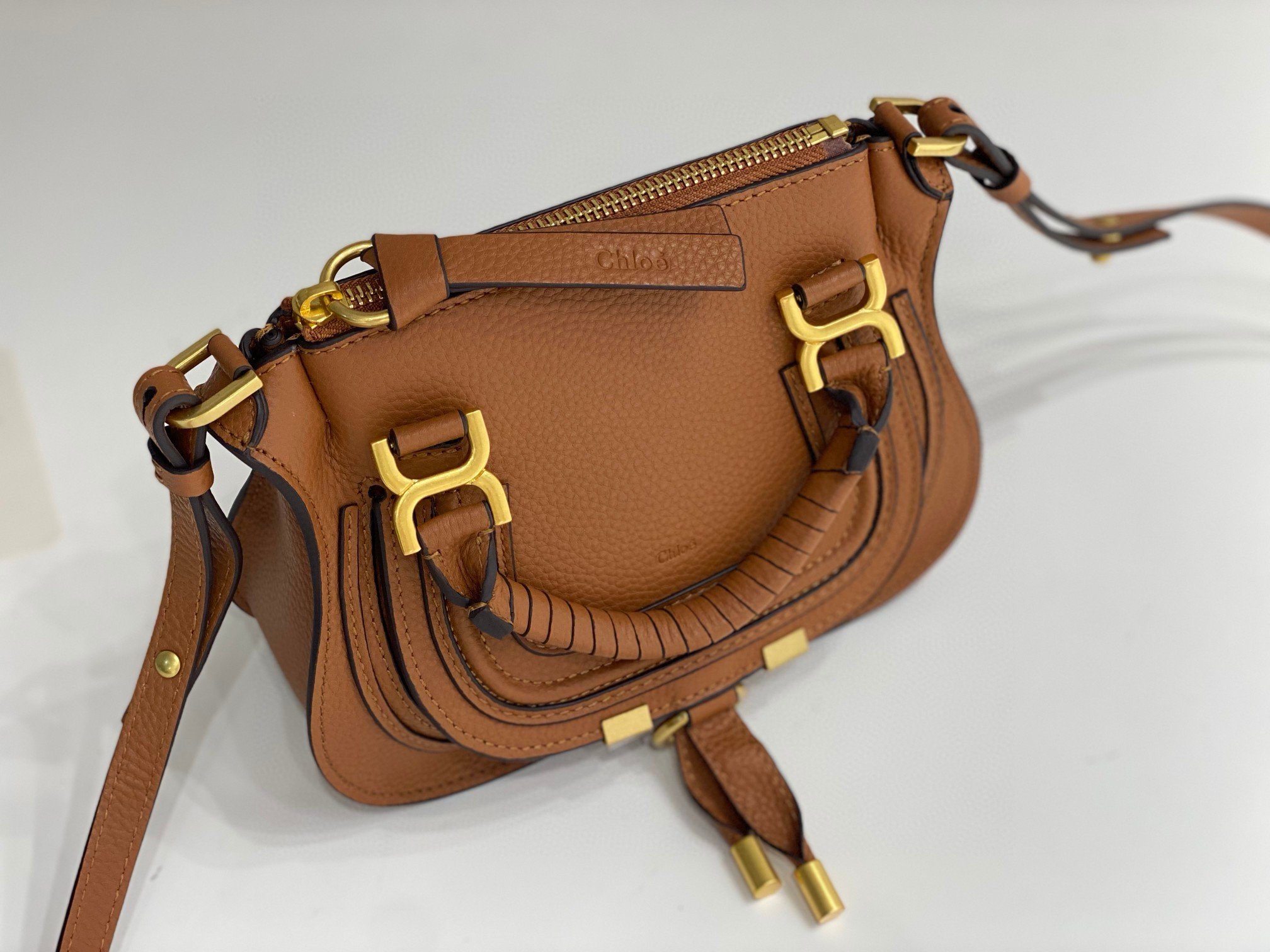 Chloe Marcie Mini Double Carry Bag in Brown Grained Leather