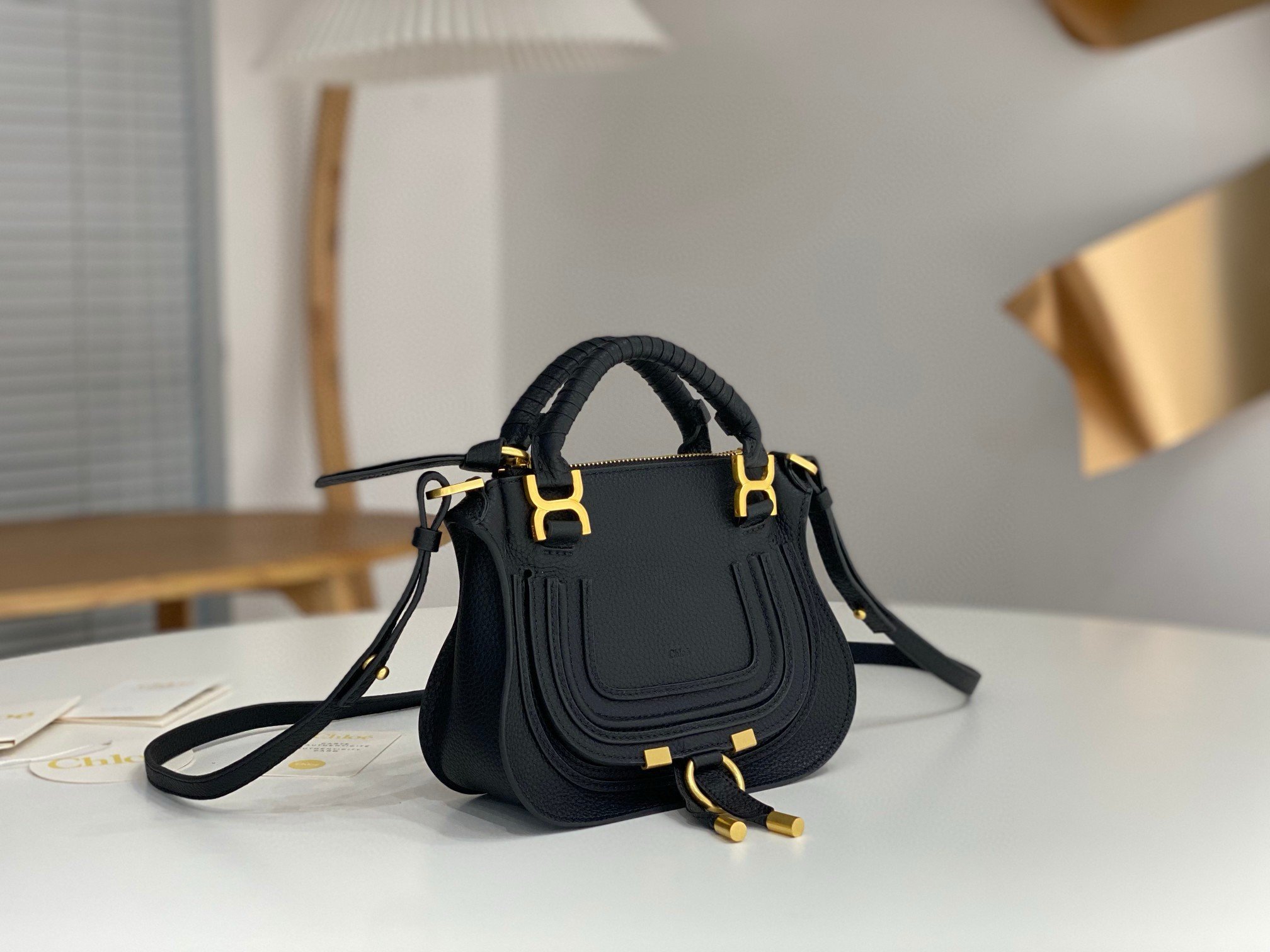 Chloe Marcie Mini Double Carry Bag in Black Grained Leather