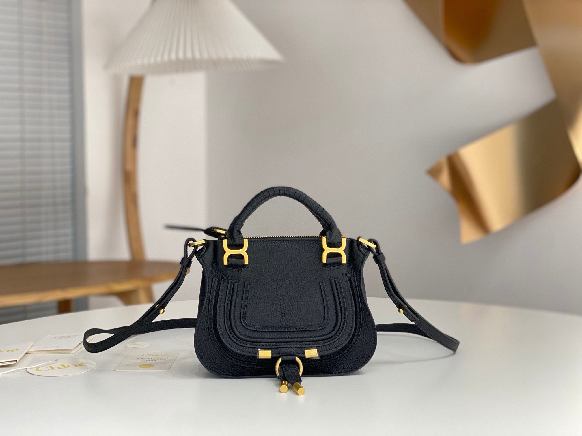 Chloe Marcie Mini Double Carry Bag in Black Grained Leather