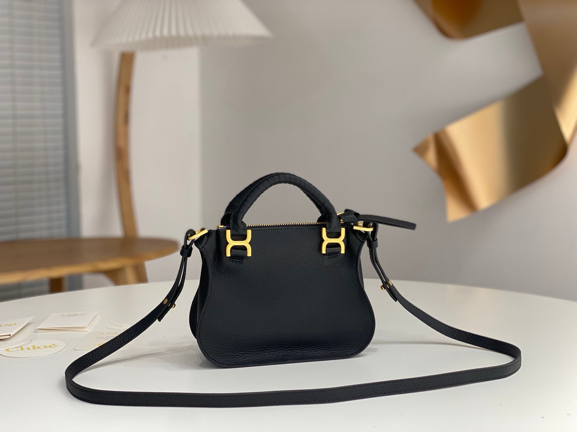 Chloe Marcie Mini Double Carry Bag in Black Grained Leather