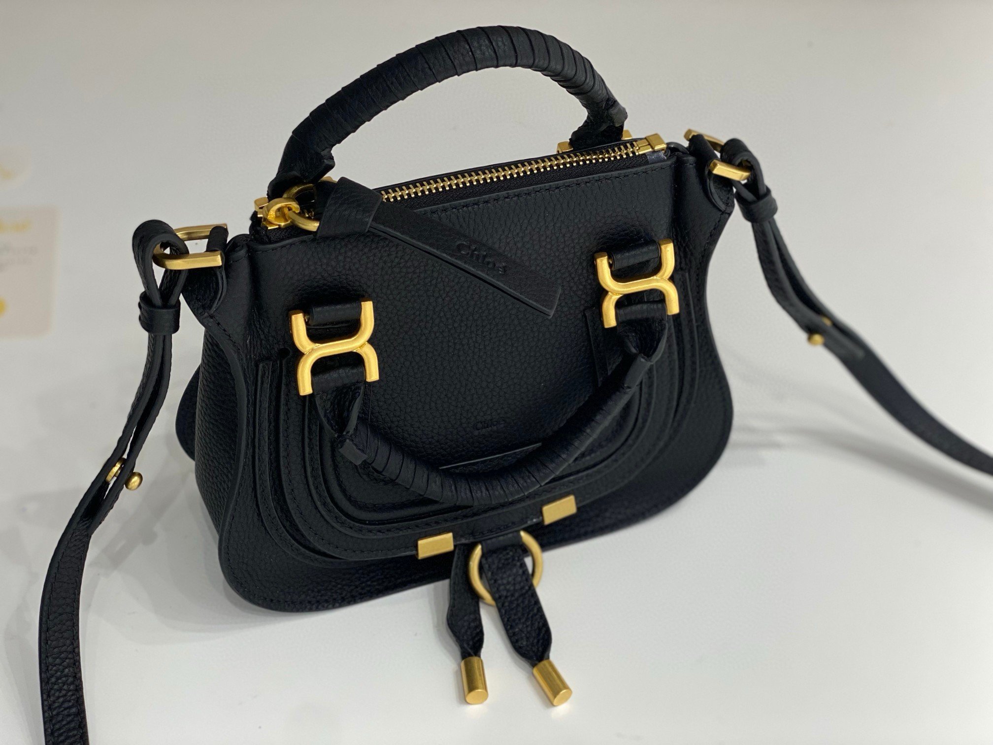 Chloe Marcie Mini Double Carry Bag in Black Grained Leather