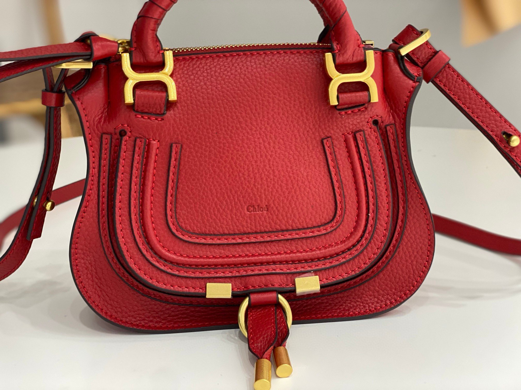 Chloe Marcie Mini Double Carry Bag in Red Grained Leather