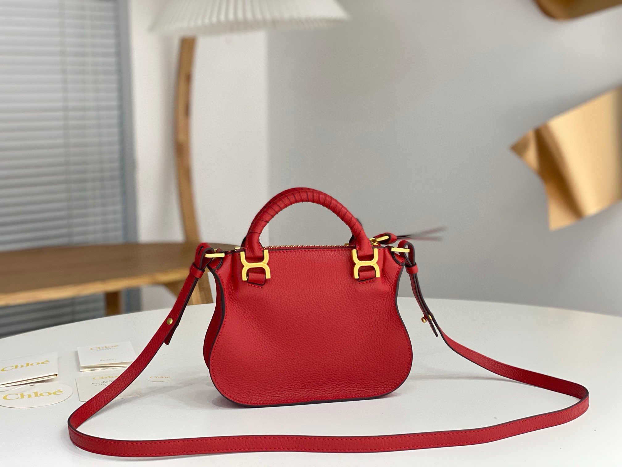 Chloe Marcie Mini Double Carry Bag in Red Grained Leather