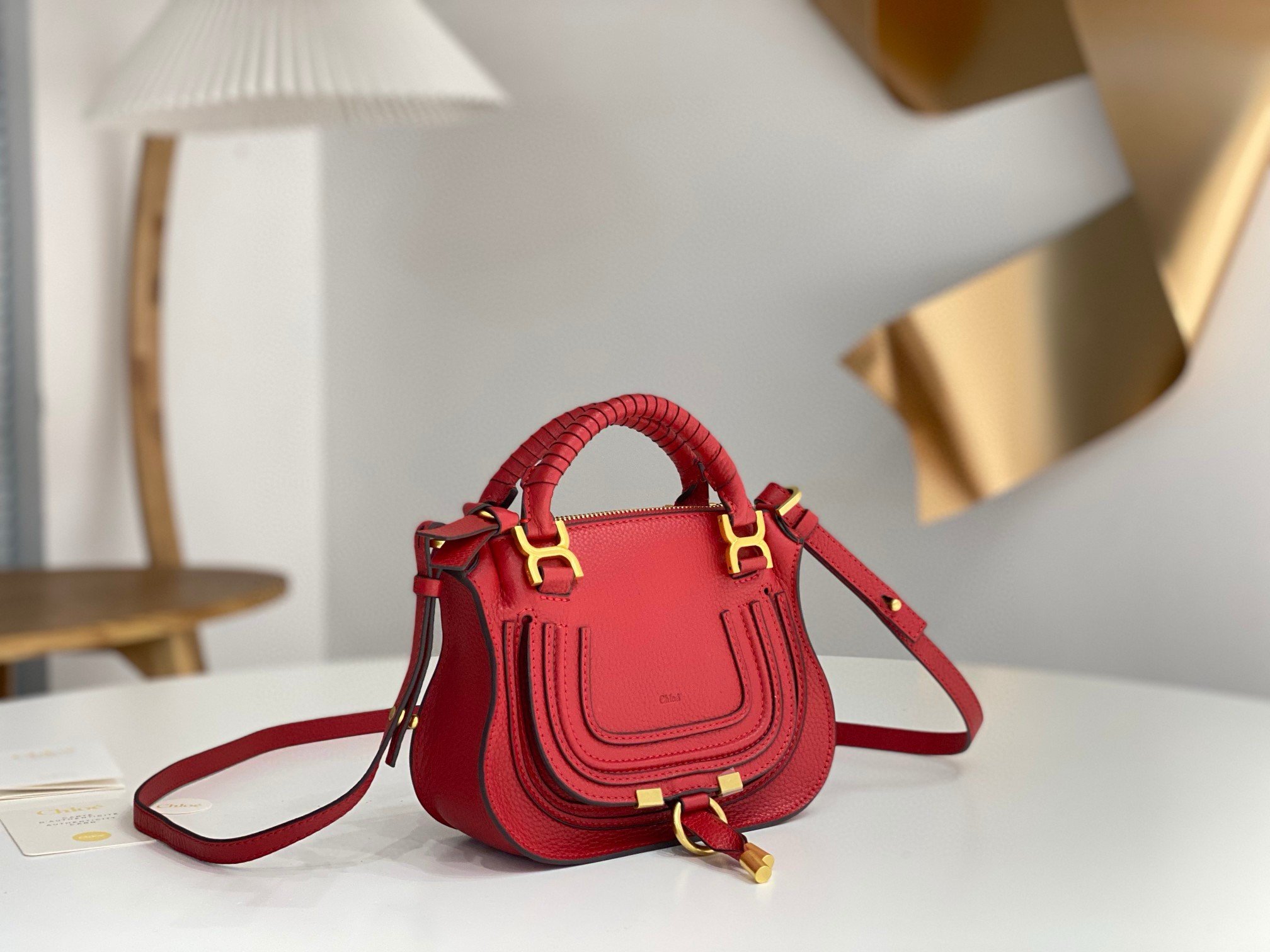 Chloe Marcie Mini Double Carry Bag in Red Grained Leather