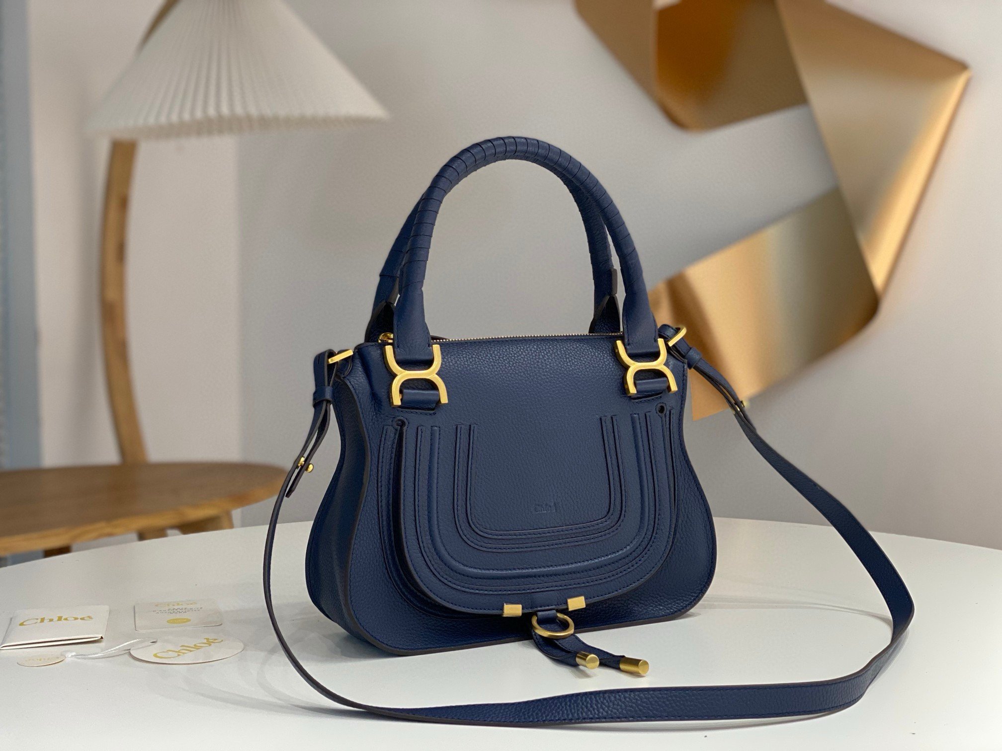 Chloe Marcie Small Double Carry Bag in Blue Grained Leather