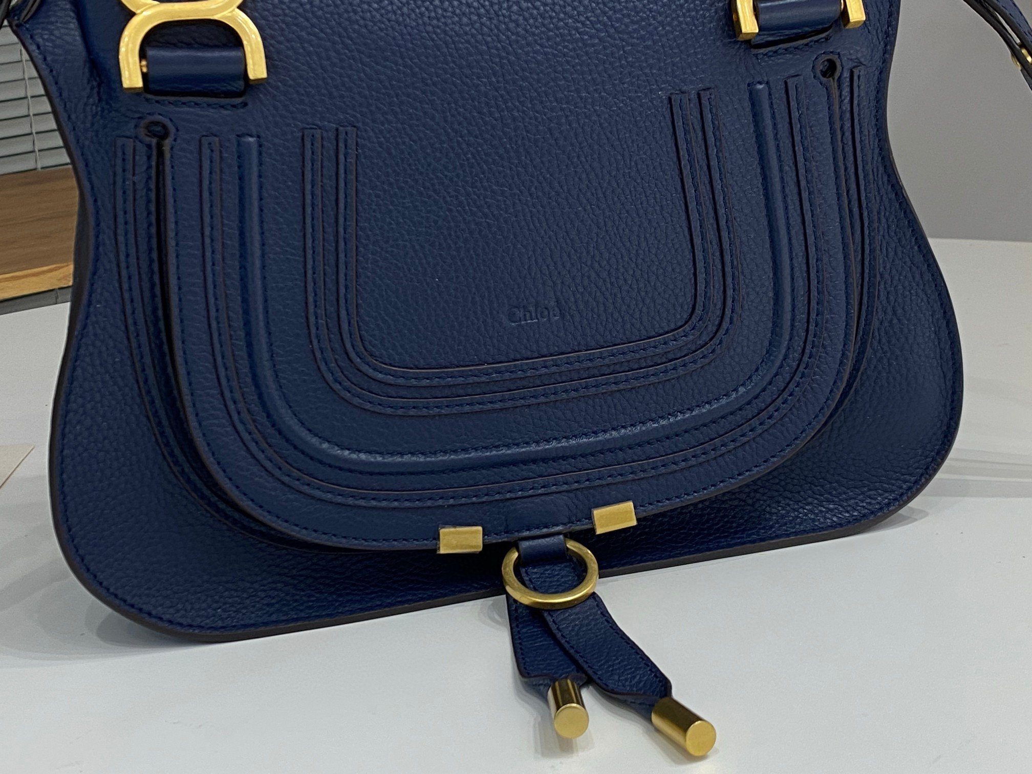 Chloe Marcie Small Double Carry Bag in Blue Grained Leather