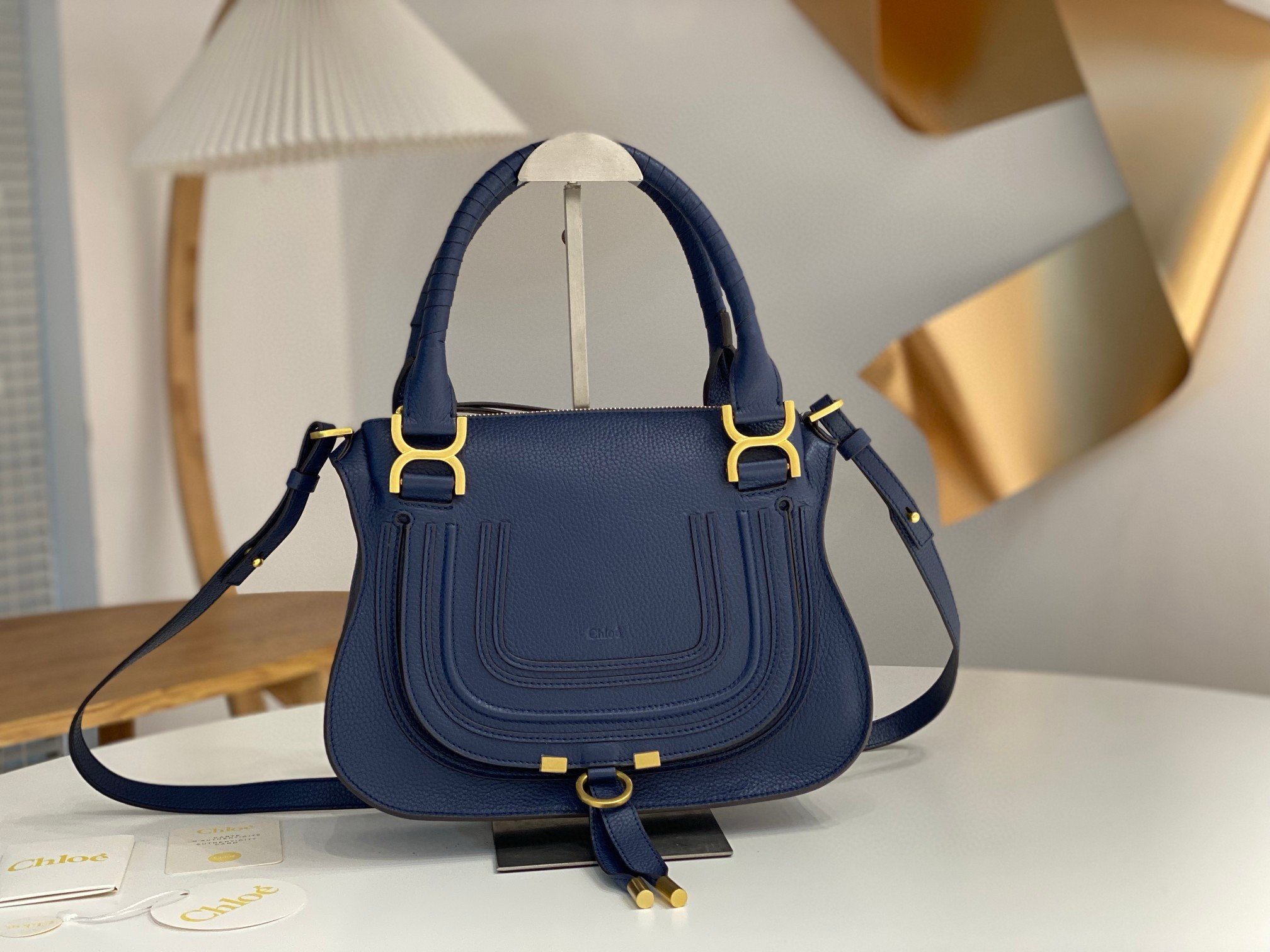 Chloe Marcie Small Double Carry Bag in Blue Grained Leather