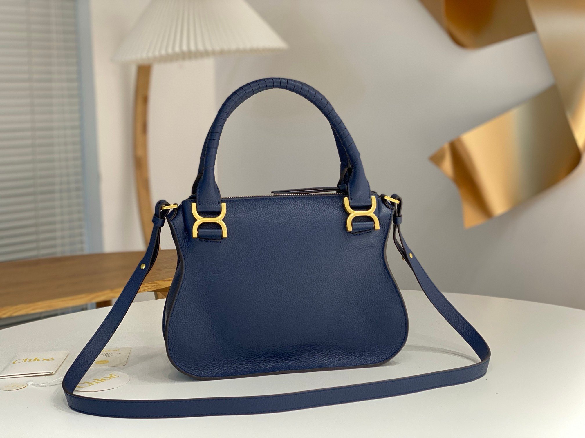 Chloe Marcie Small Double Carry Bag in Blue Grained Leather