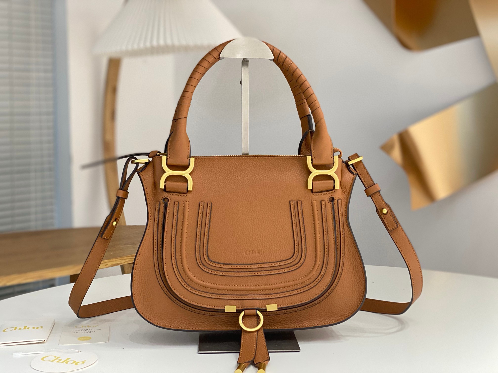 Chloe Marcie Small Double Carry Bag in Brown Grained Leather