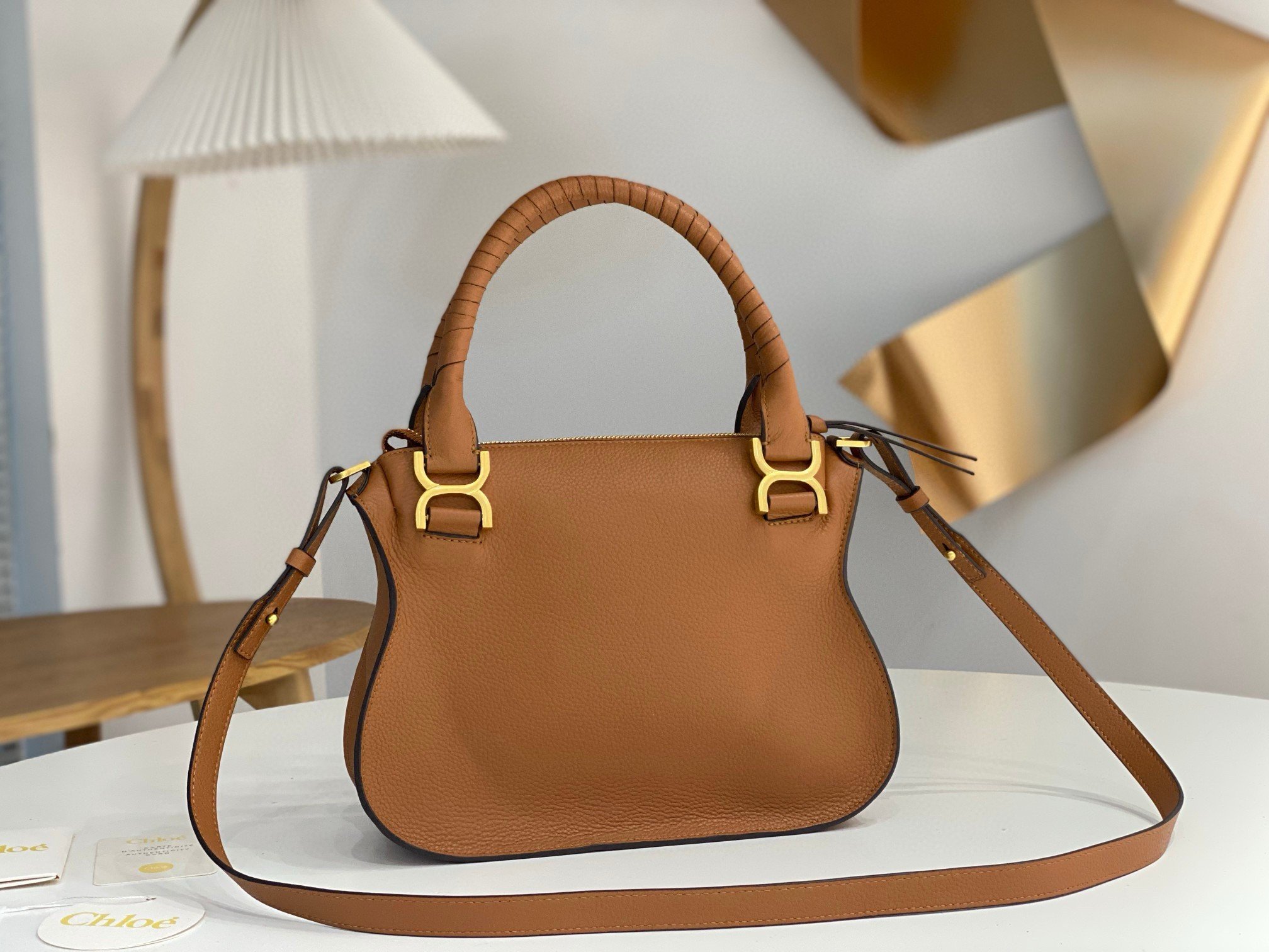 Chloe Marcie Small Double Carry Bag in Brown Grained Leather