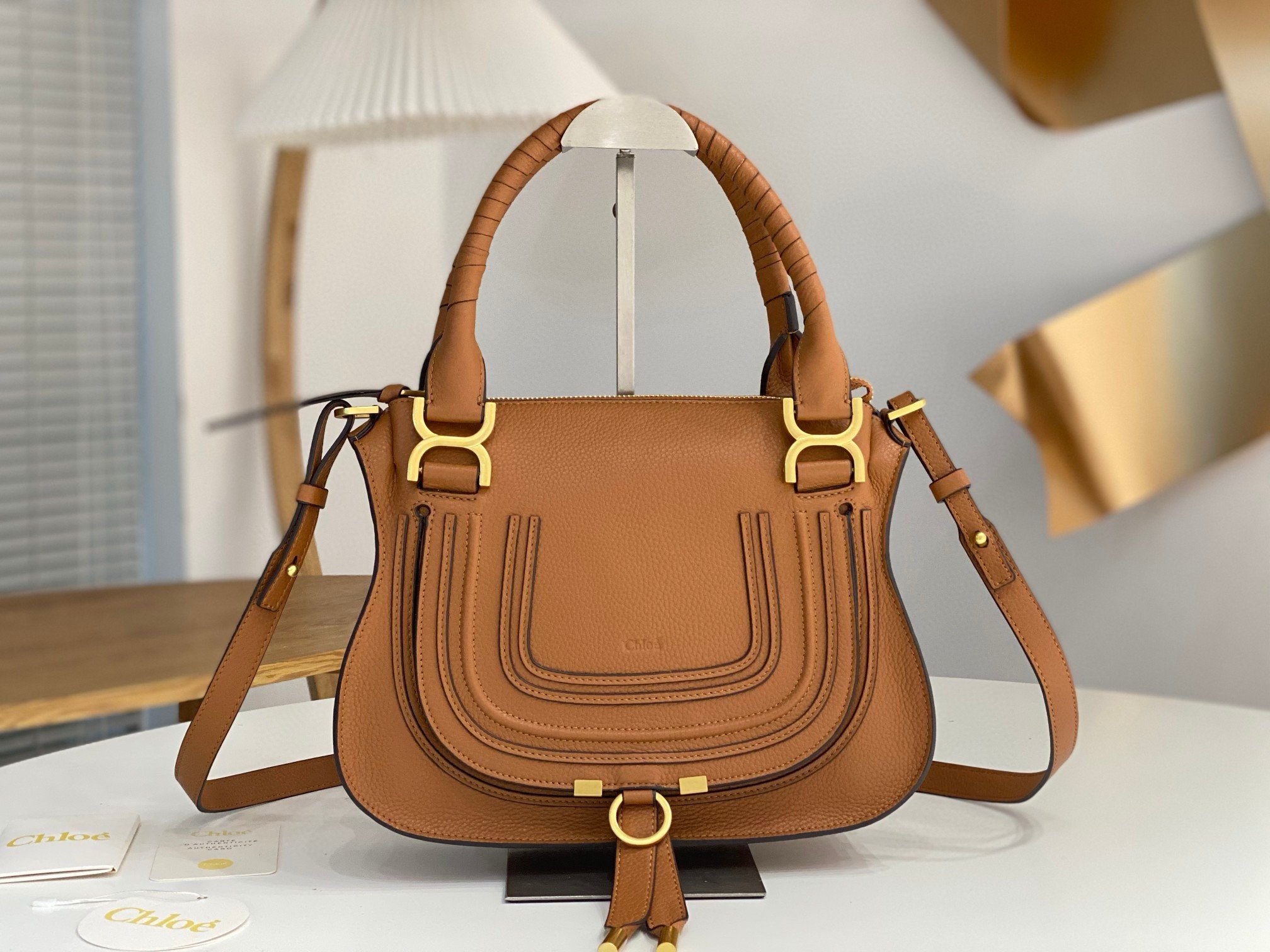 Chloe Marcie Small Double Carry Bag in Brown Grained Leather