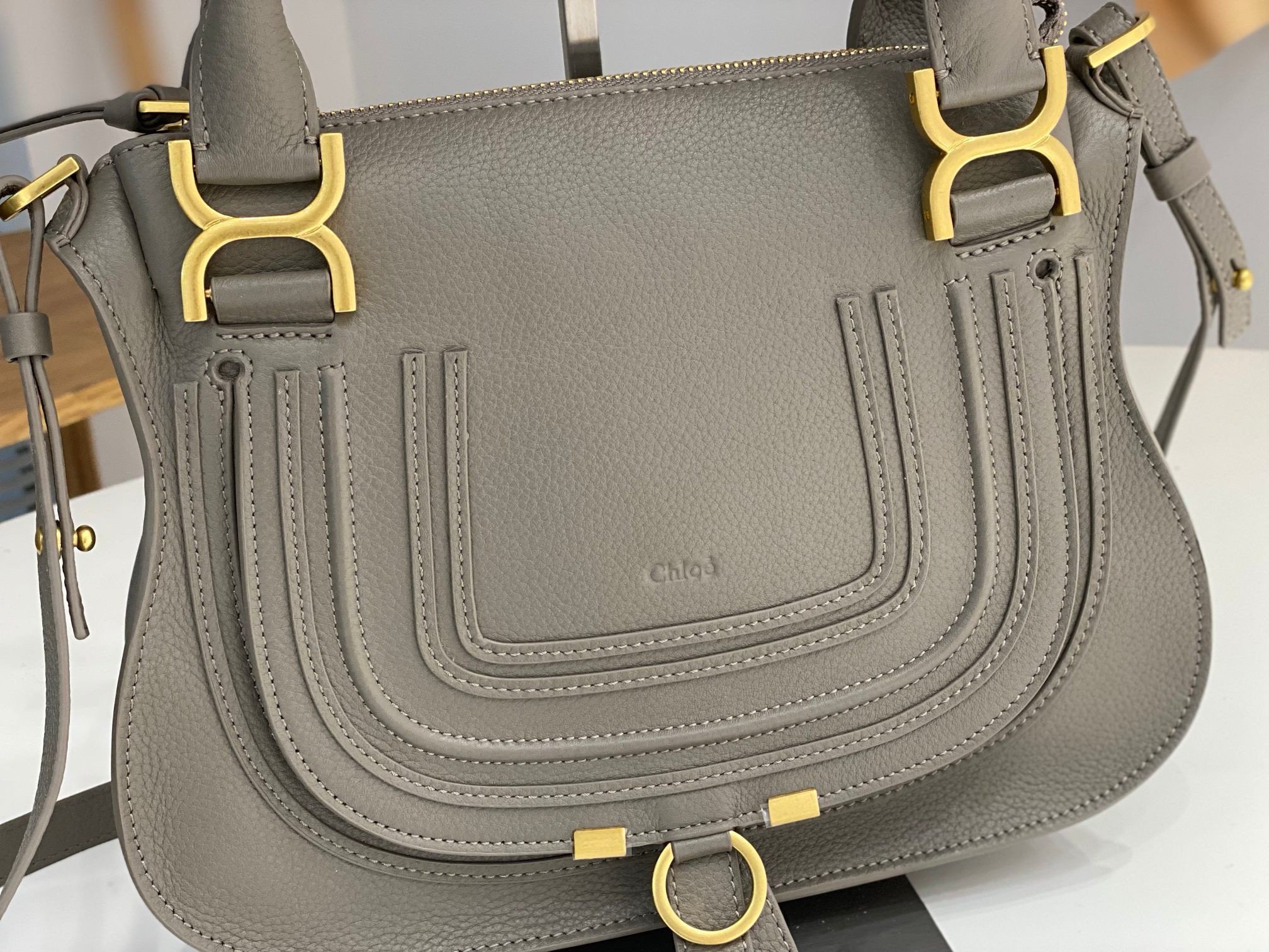 Chloe Marcie Small Double Carry Bag in Grey Grained Leather