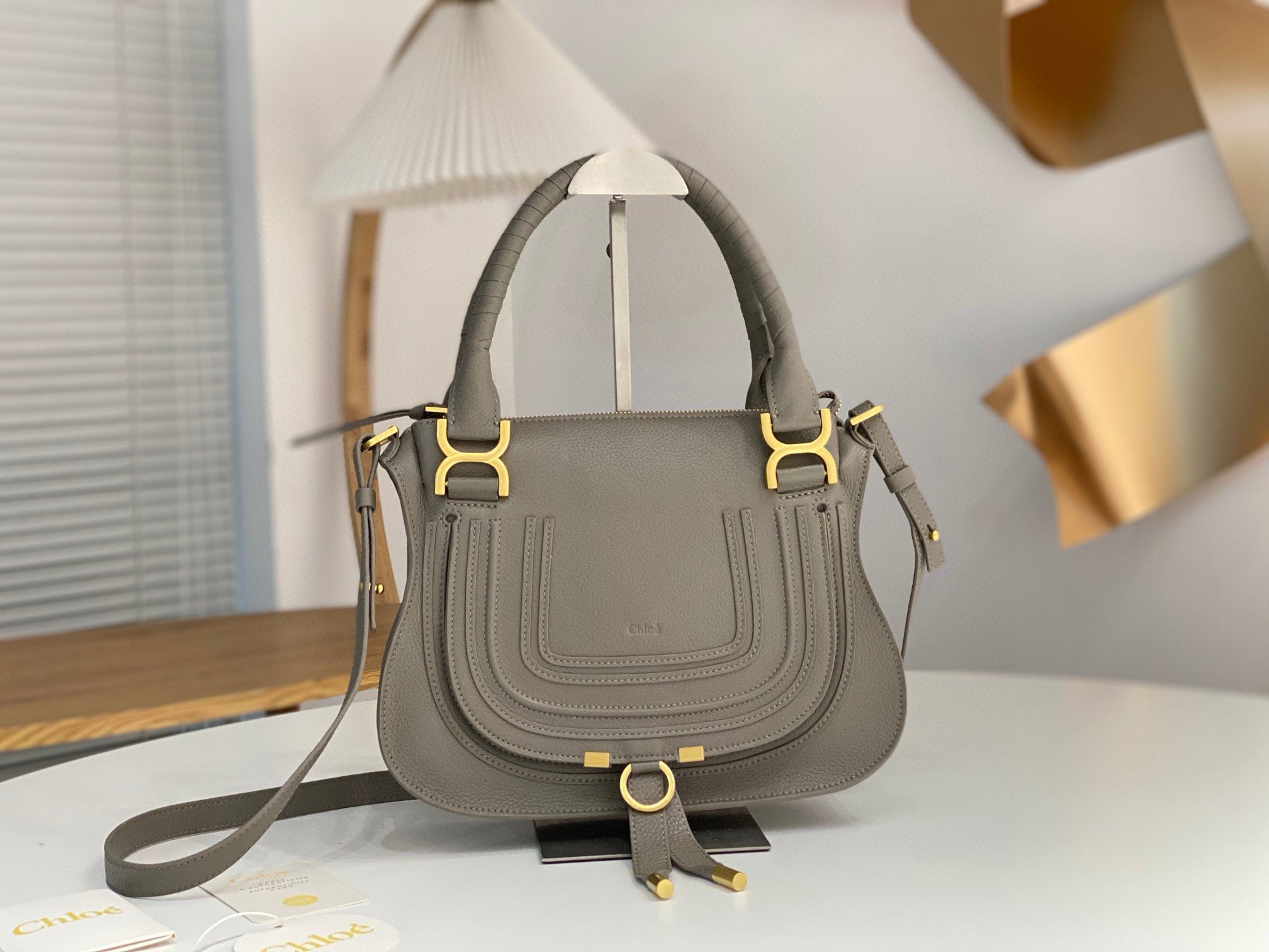 Chloe Marcie Small Double Carry Bag in Grey Grained Leather