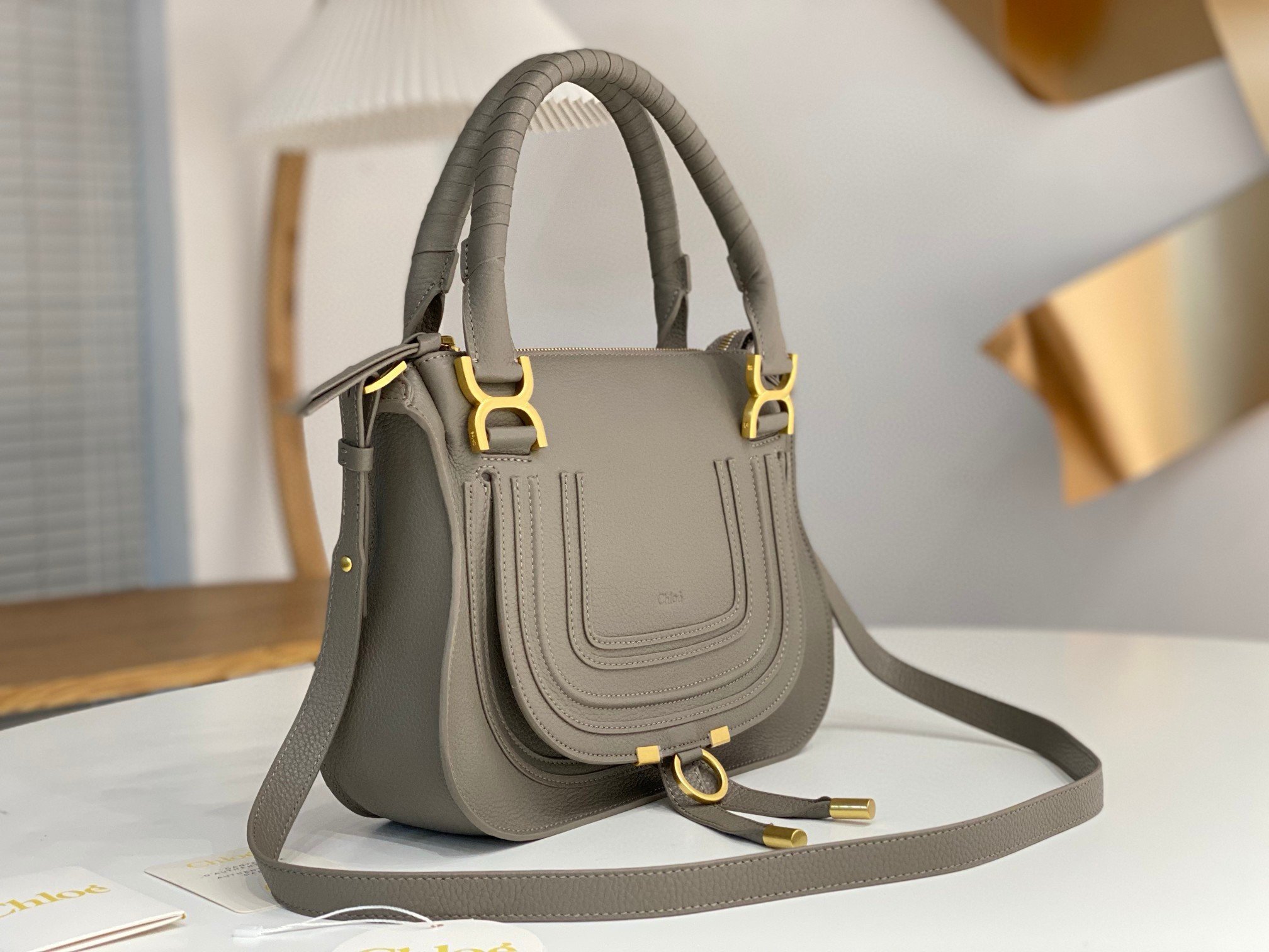 Chloe Marcie Small Double Carry Bag in Grey Grained Leather