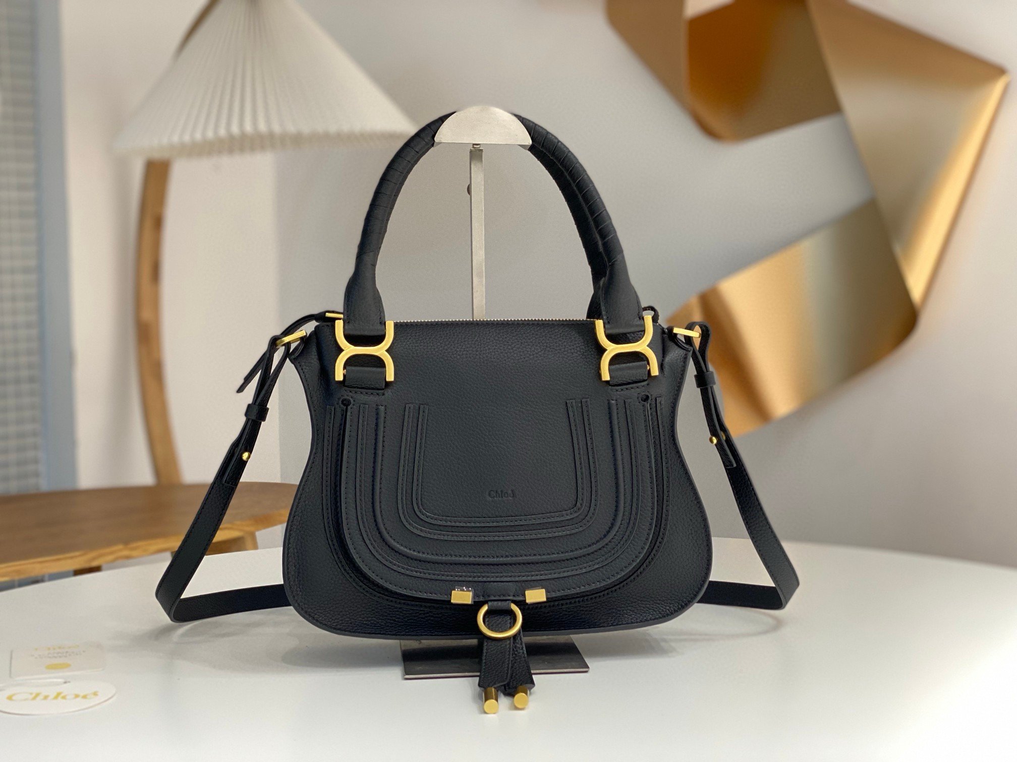 Chloe Marcie Small Double Carry Bag in Black Grained Leather