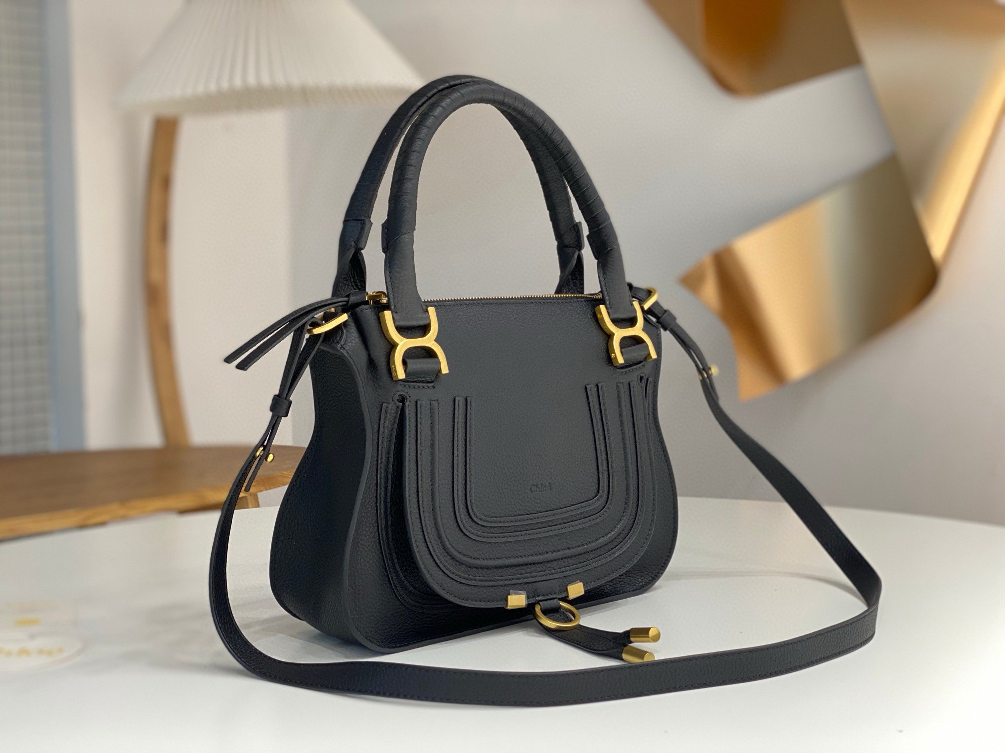 Chloe Marcie Small Double Carry Bag in Black Grained Leather