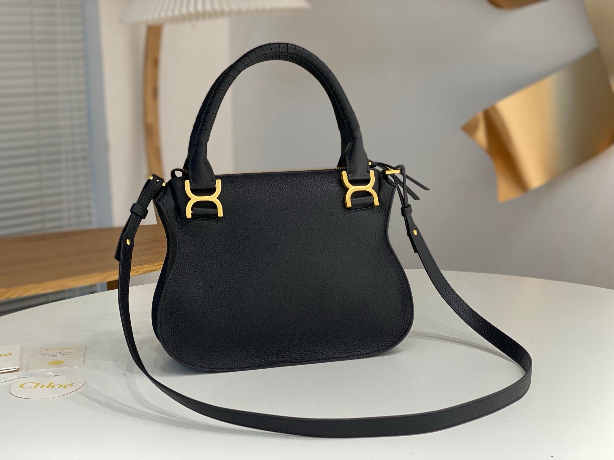 Chloe Marcie Small Double Carry Bag in Black Grained Leather