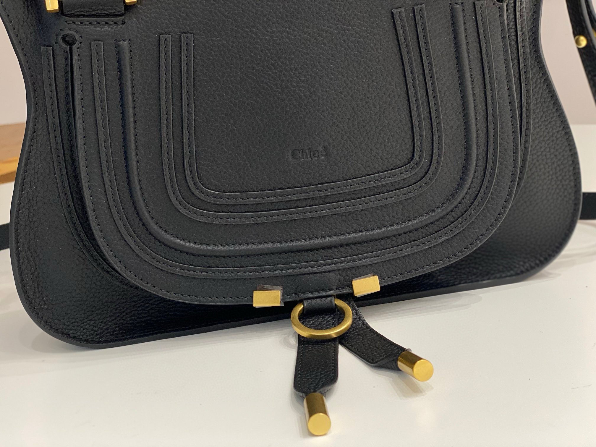 Chloe Marcie Small Double Carry Bag in Black Grained Leather